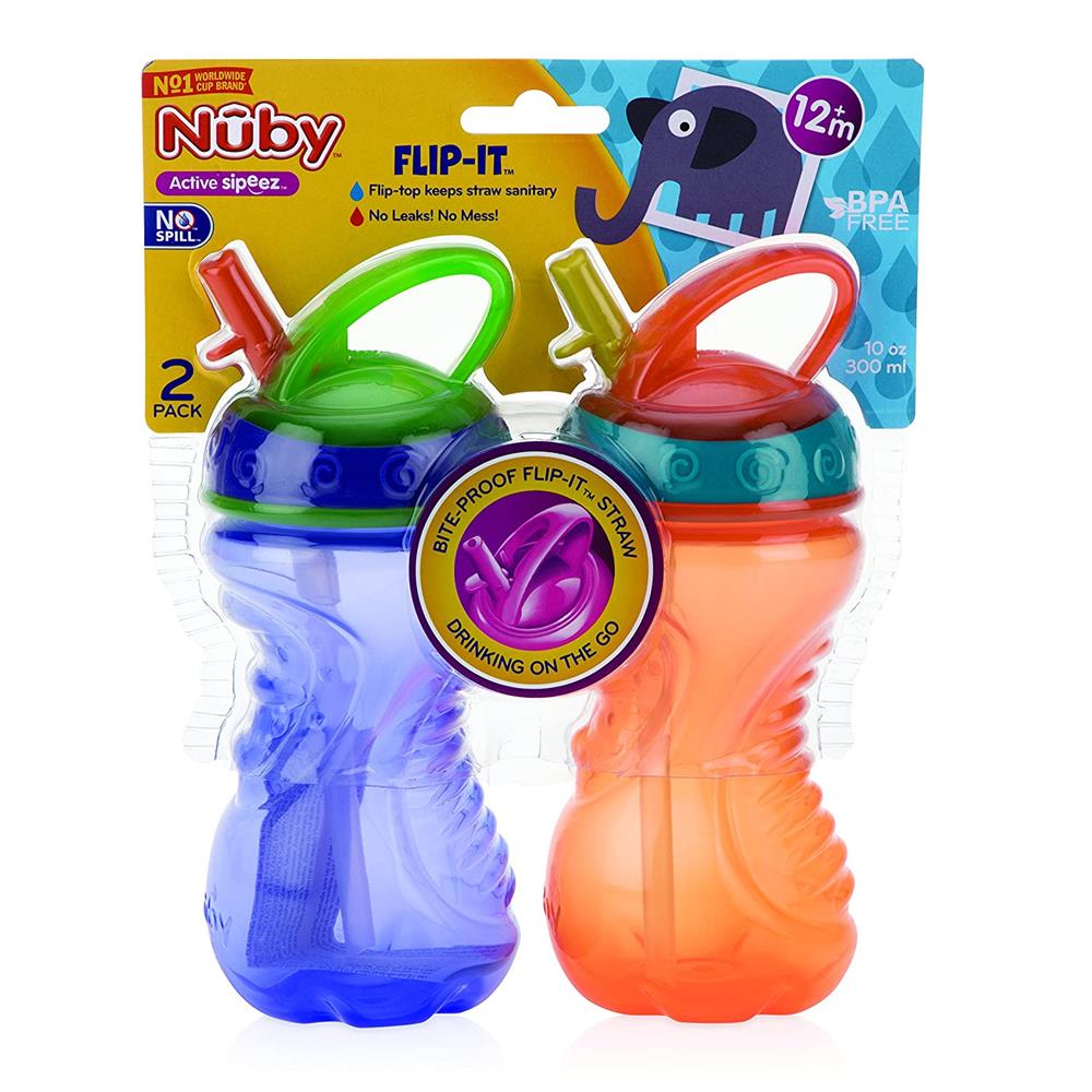 Nuby Flip-It Easy Grip Cups with Easy-Flo Straw - 2 Pack, 10oz