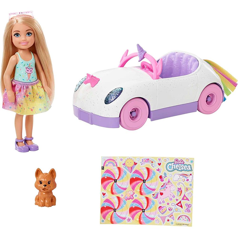 Mattel Barbie Chelsea Doll & Unicorn Toy Car with Blonde Small Doll