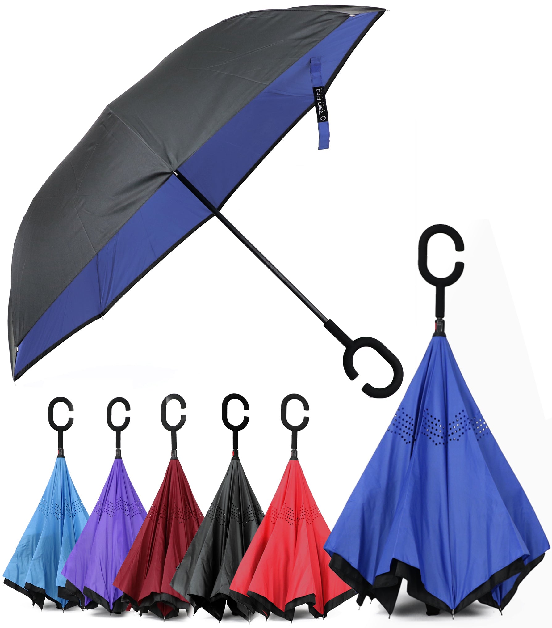 Rain Pro Reverse Folding Inverted Umbrella Windproof UV Protection with C-Shaped Handle