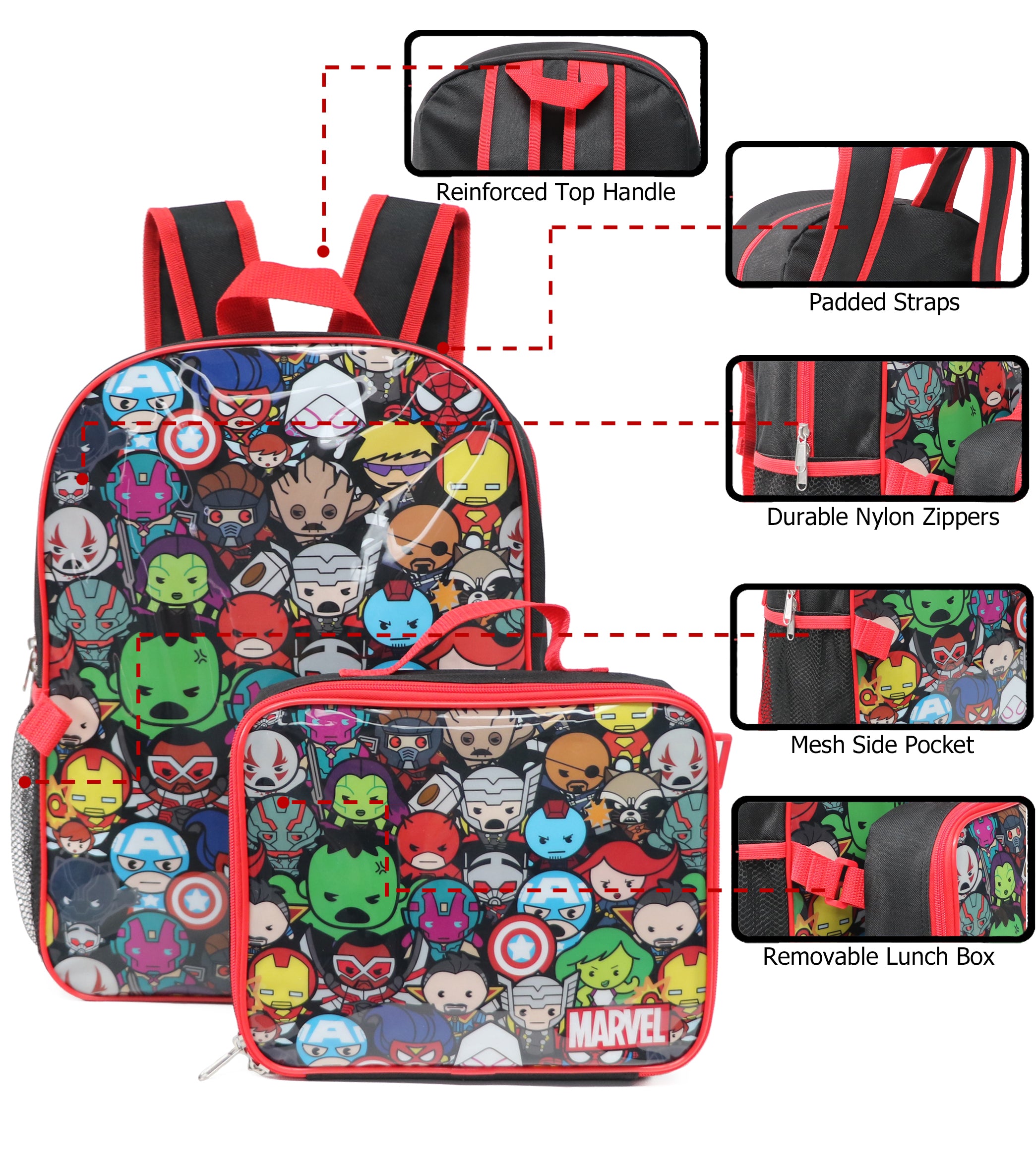 Marvel 16'' Full Size Kawaii Backpack Lunchbox Set Bookbag School Set