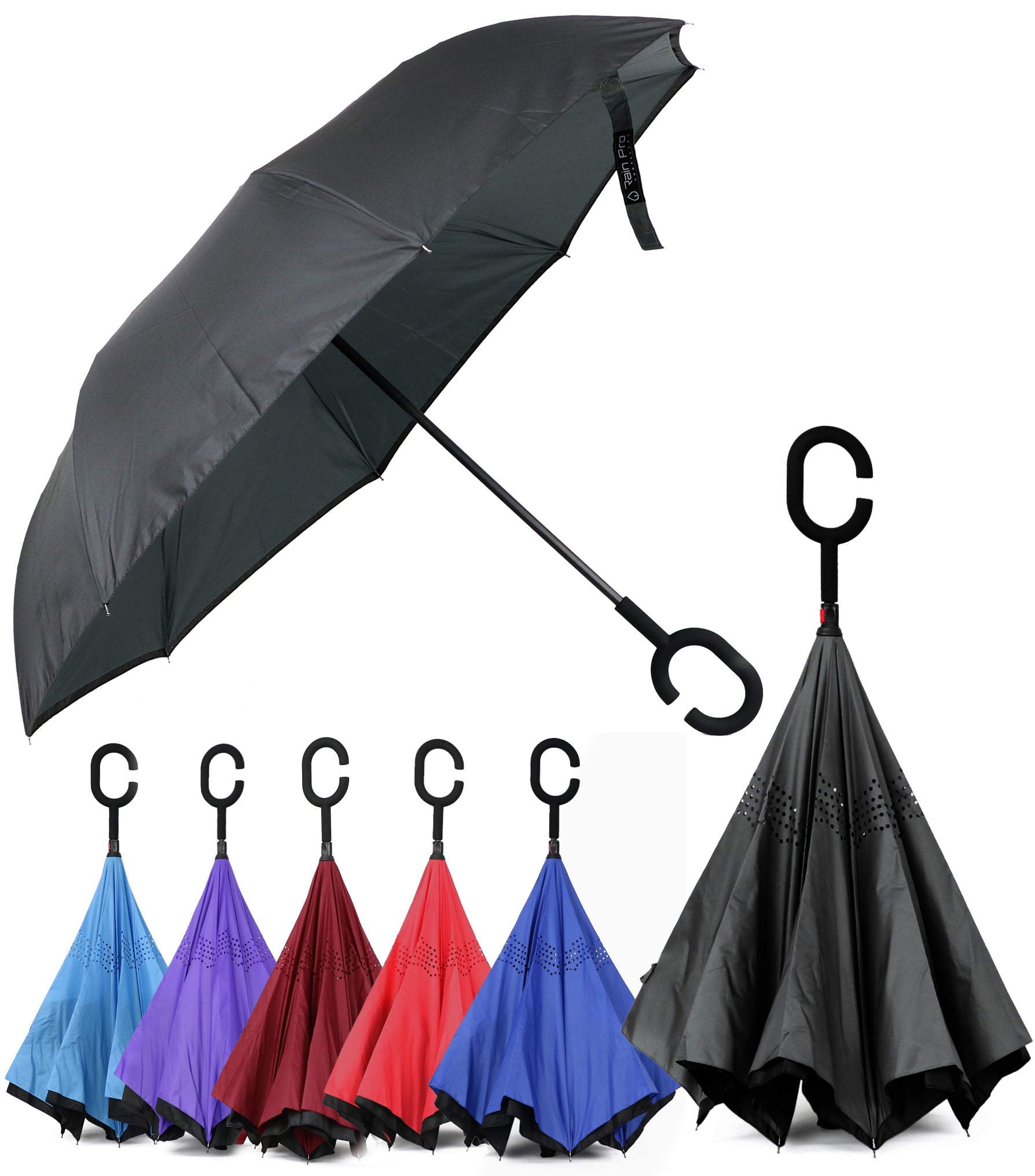 Rain Pro Reverse Folding Inverted Umbrella Windproof UV Protection with C-Shaped Handle