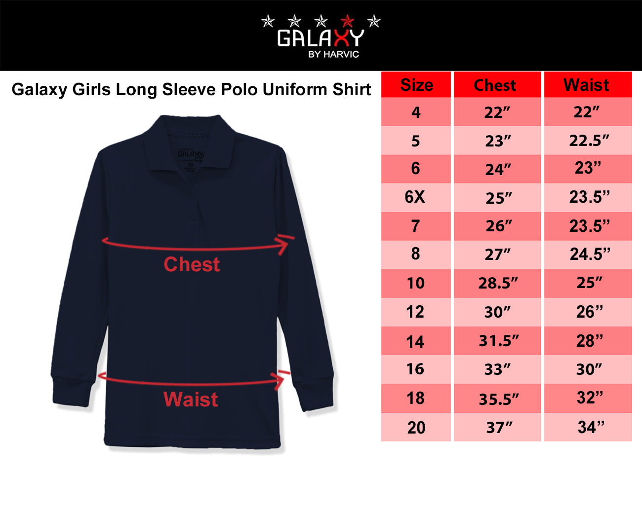 Galaxy Girls 7-20 Long Sleeve Polo School Uniform Shirt