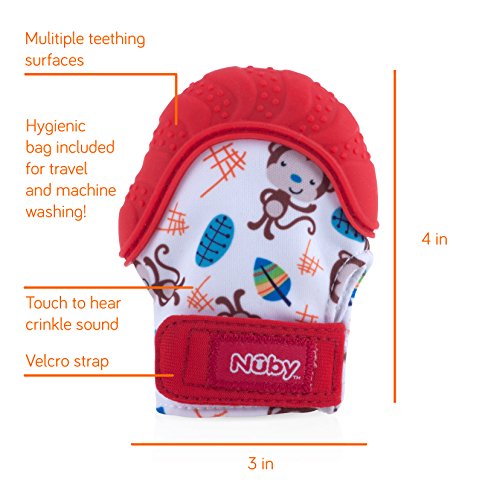 Nuby Soothing Teething Mitten with Hygienic Travel Bag, Red Monkey