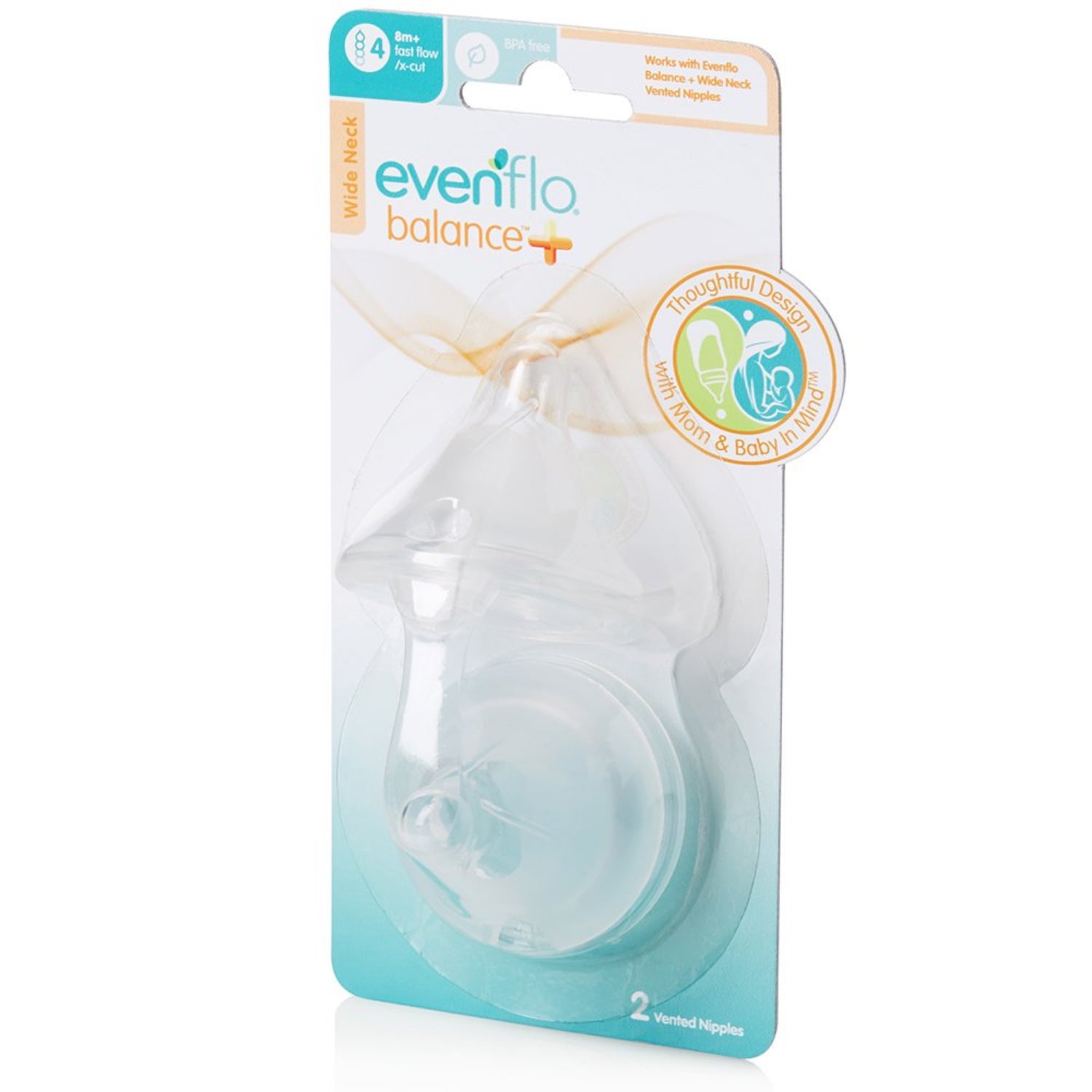 Evenflo Feeding Balance Plus Wide Neck Nipples, Fast Flow/X-Cut, 8 Months and Up (Pack of 2)