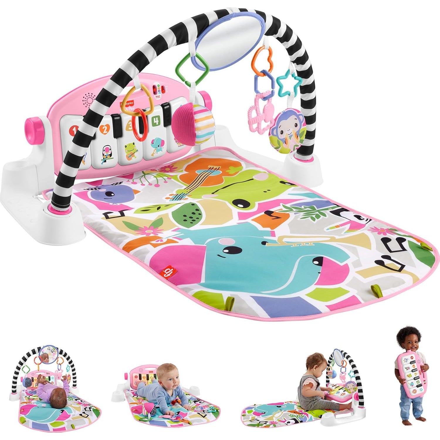 Fisher Price Glow And Grow Kick & Play Piano Gym Baby Playmat With Musical Learning Toy, Pink