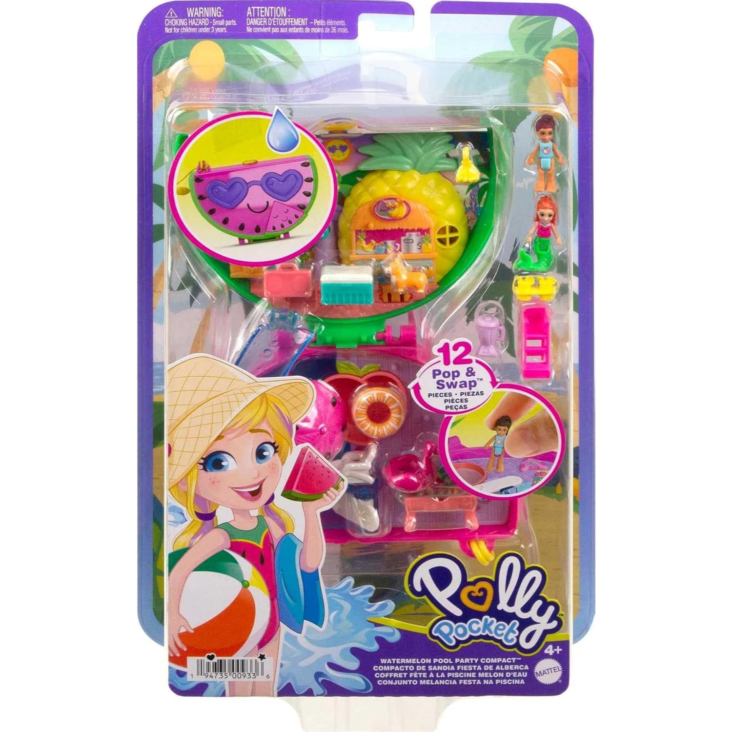 Mattel Polly Pocket Compact Playset, Scented Watermelon Pool Party with 2 Micro Dolls & Accessories