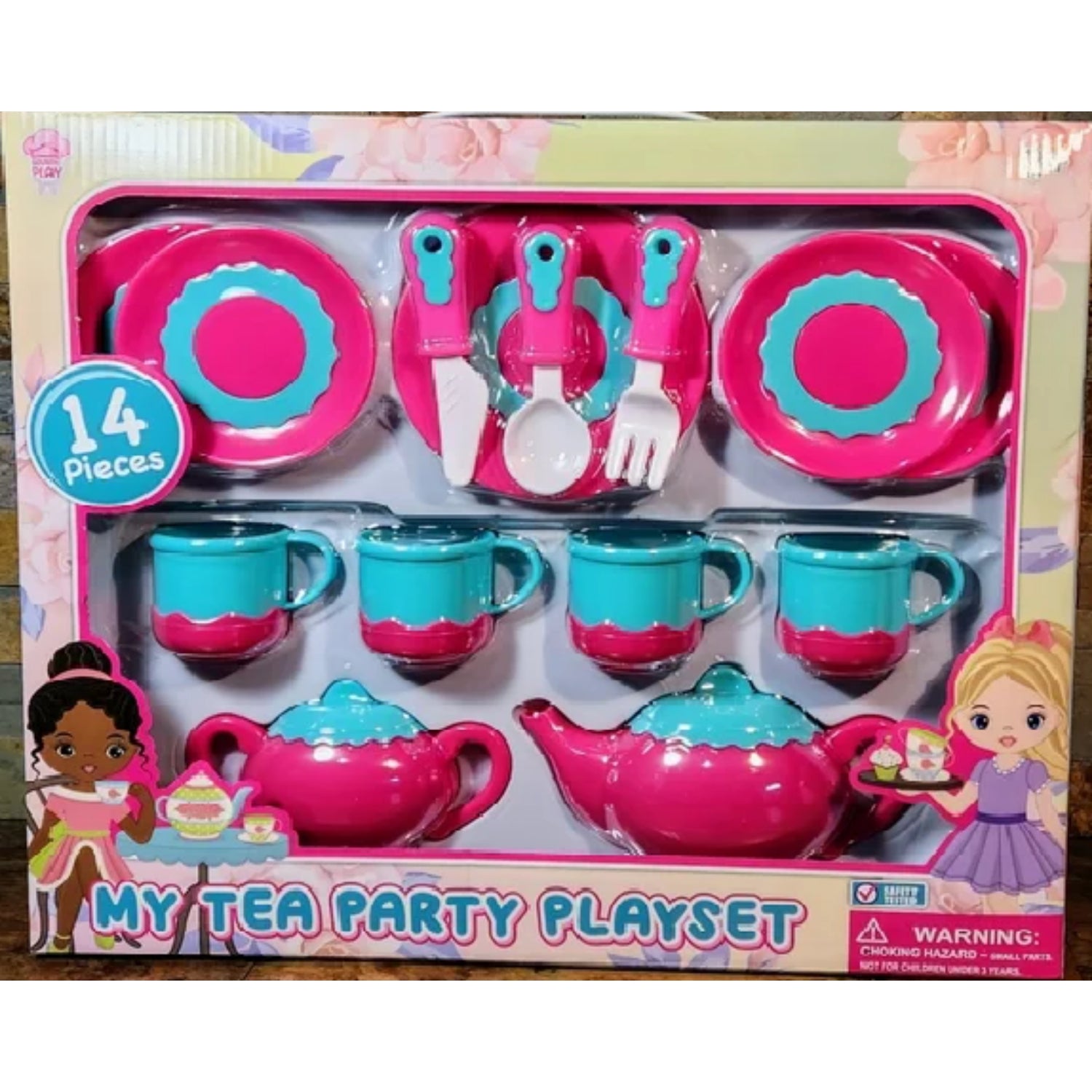 Gourmet Play 14pc Pretend Play Tea Party Play Set, Plastic Tea Set, Mini Kitchen for Kids, Gifts for Toddler Girls