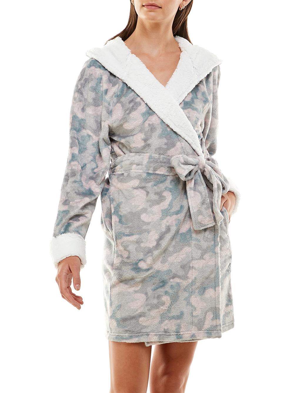 Jaclyn Intimates Womens Long Sleeve Knee Length Sherpa Lined Hooded Belted Robe