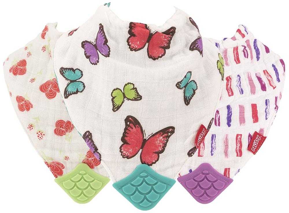 Nuby Reversible 100% Natural Cotton Muslin 3 Piece Teething Bib, Pink/Aqua/Purple, Flower/Butterfly/