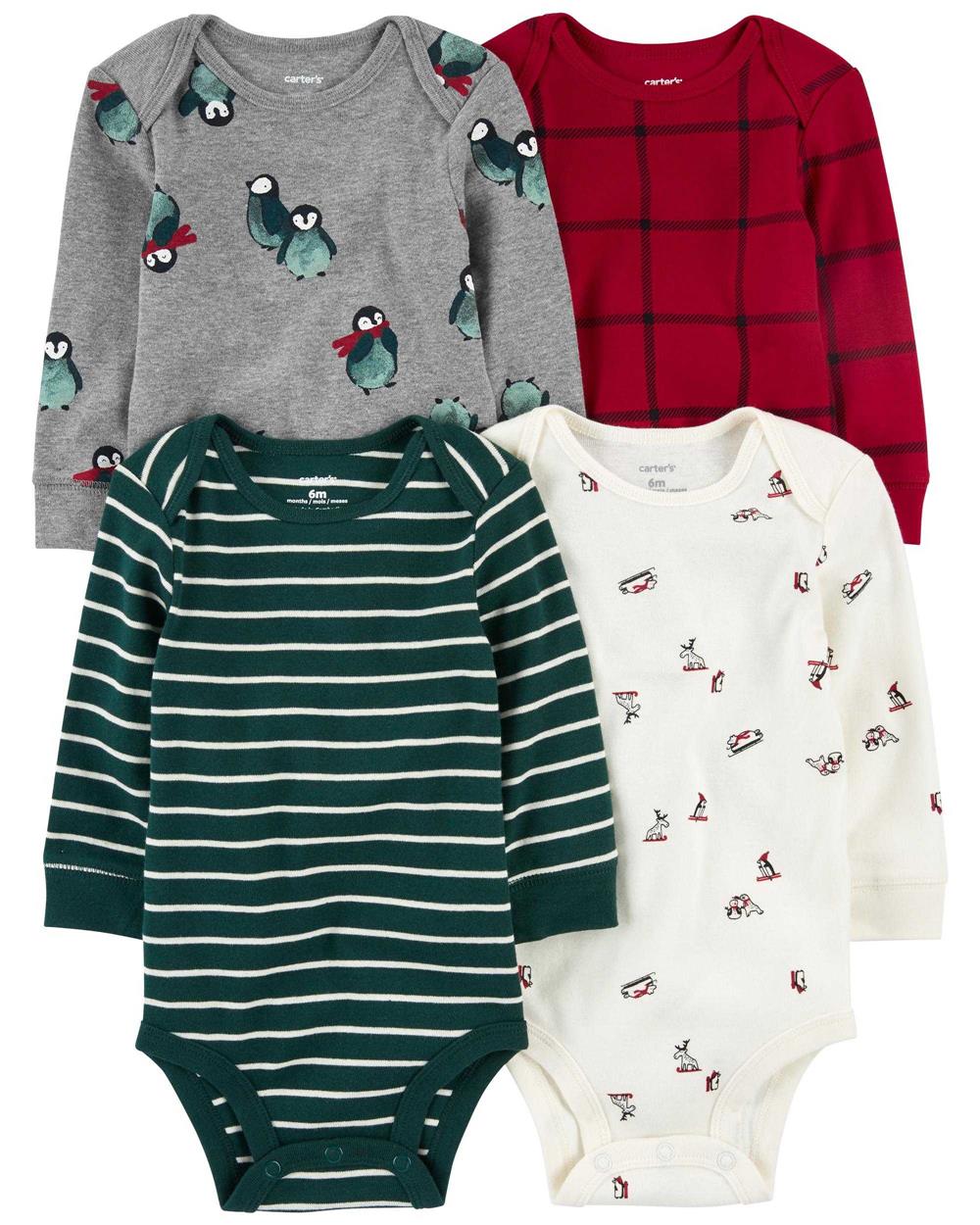 Carters Boys 0-24 Months Holiday 4-Pack Long-Sleeve Bodysuits