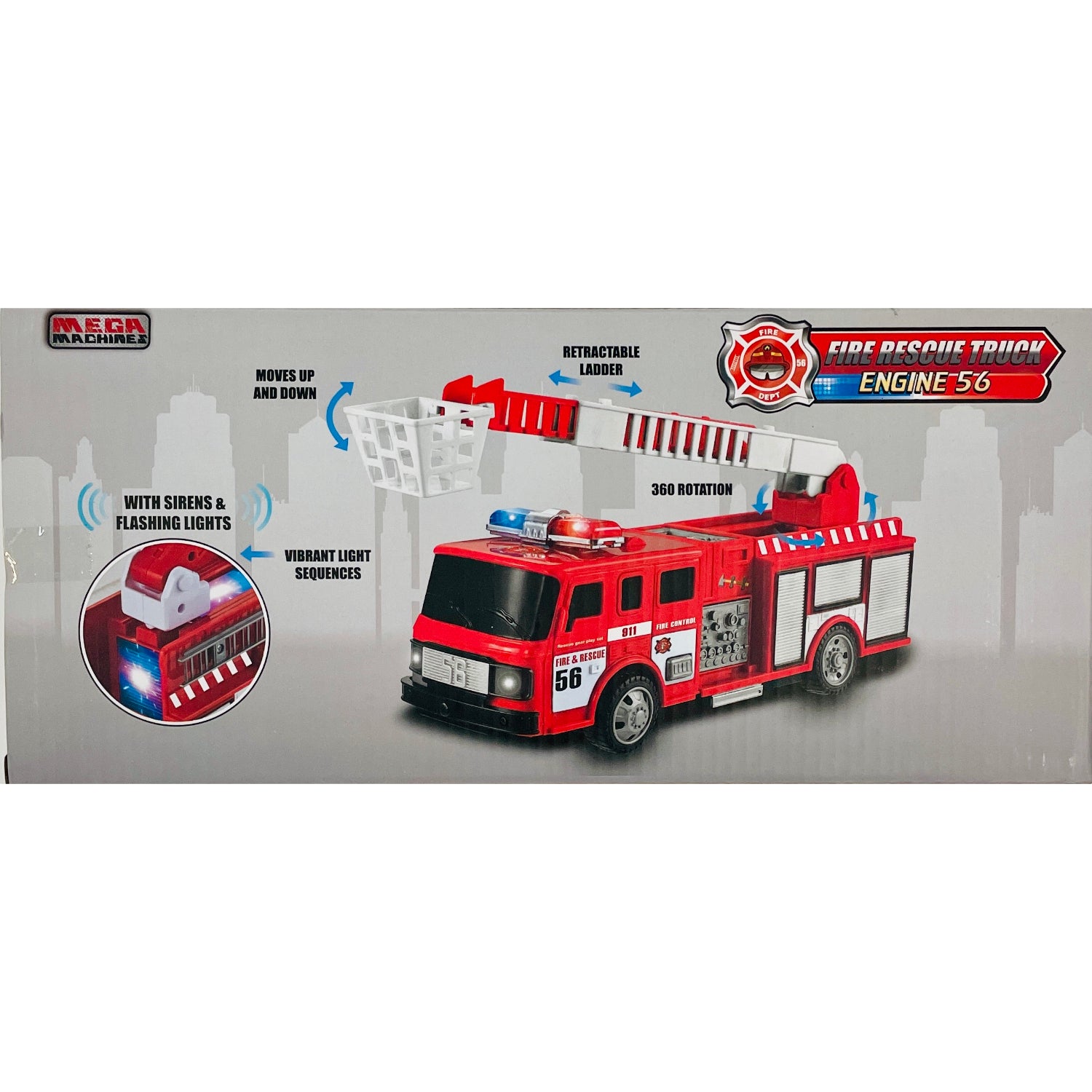 Mega Machines Fire Rescue Truck Engine 56 with Sirens & Flashing Lights - Battery Operated Bump & Go