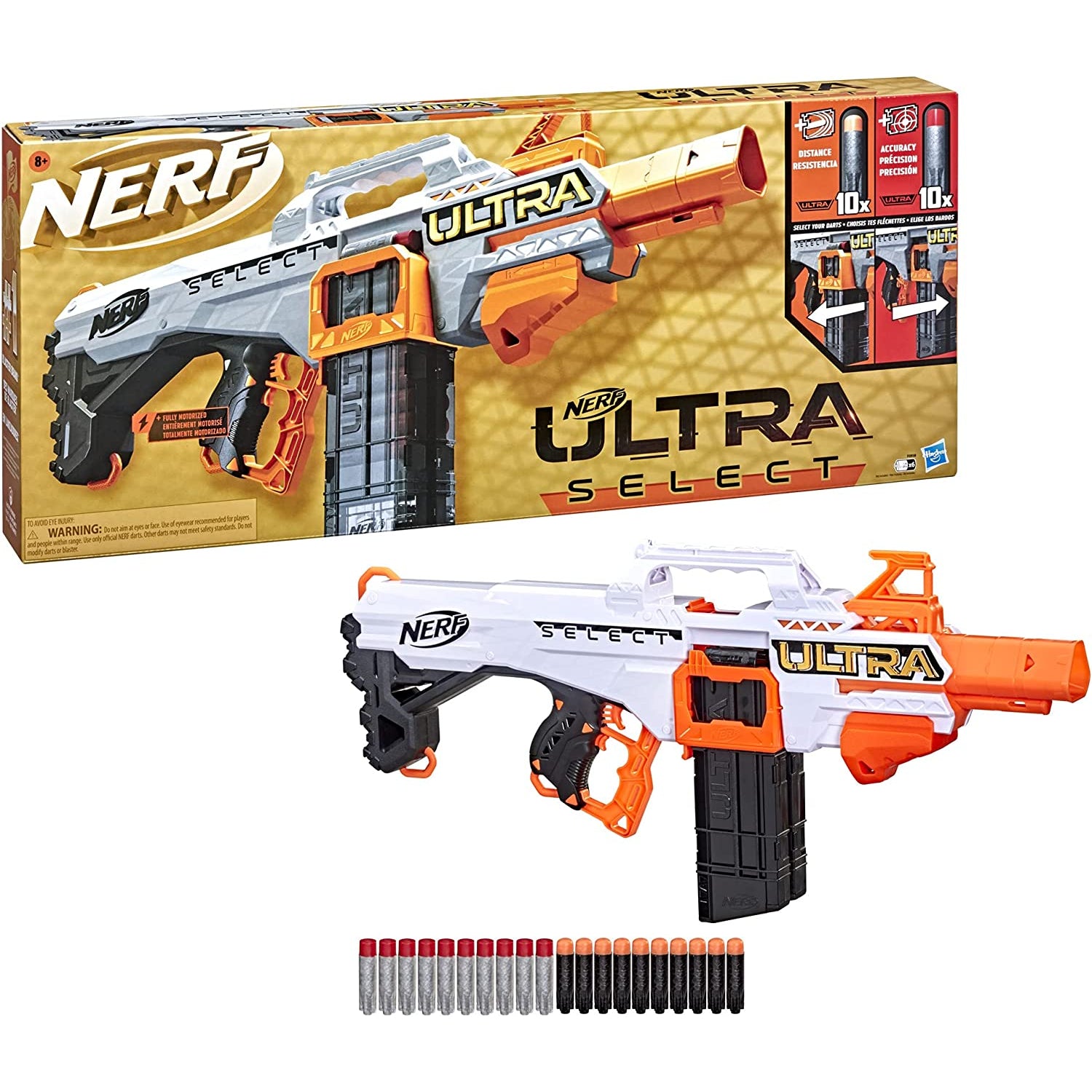 NERF Ultra Select Fully Motorized Blaster, Fire for Distance or Accuracy, Includes Clips and Darts