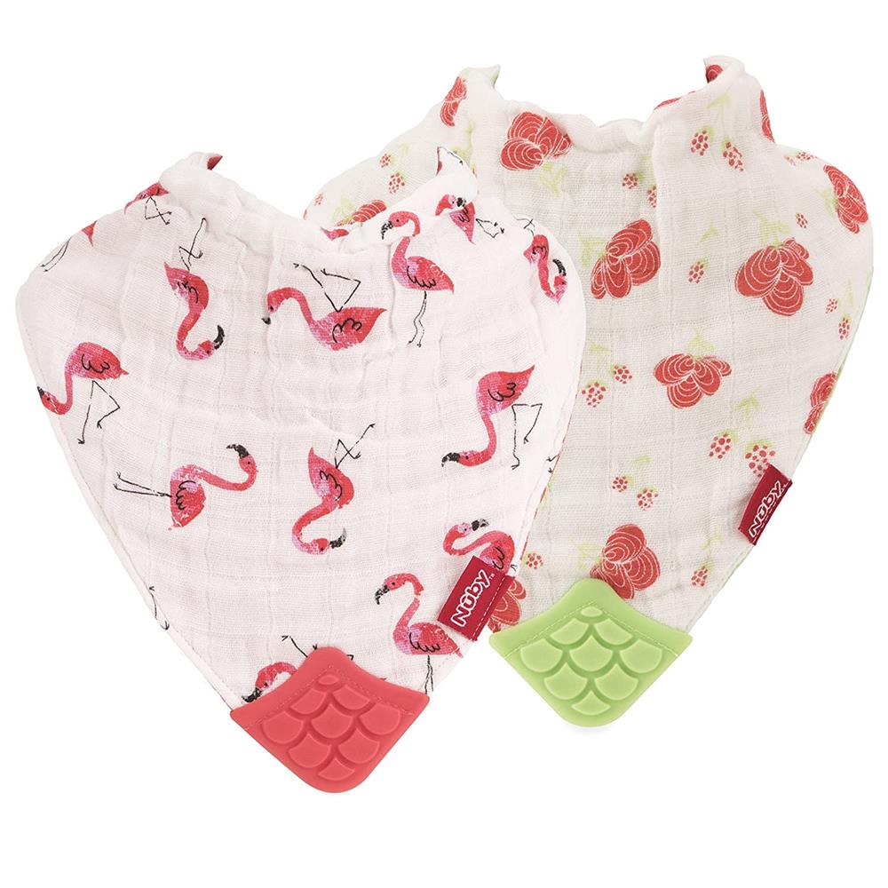 Nuby Reversible 100% Natural Cotton Muslin Teething Bib, Flamingo/Flowers