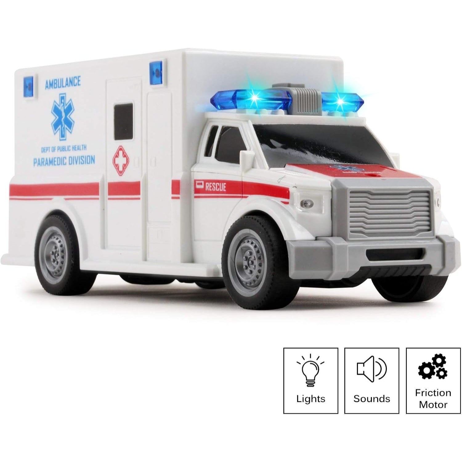 Mega Machines Rescue Ambulance Friction Powered 1:20 Scale Toy Car with Lights and Sounds Durable Kids Medical Transport Emergency Vehicle