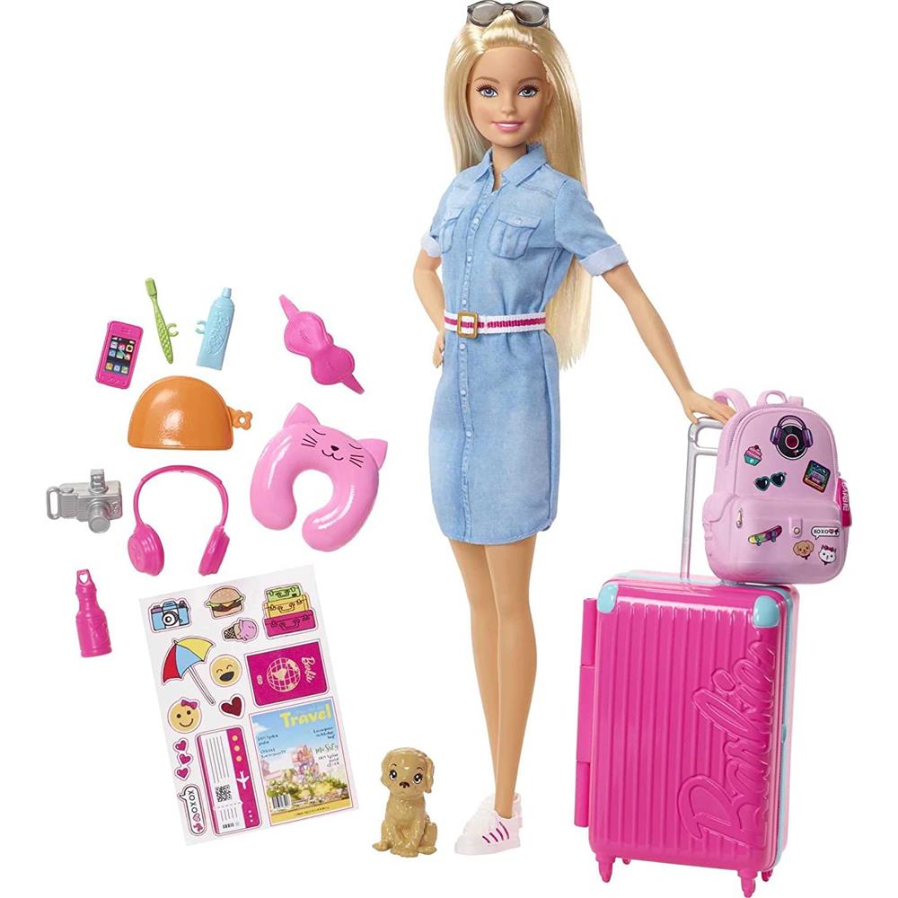 Mattel Barbie Doll and Travel Set with Puppy, Luggage & 10+ Accessories