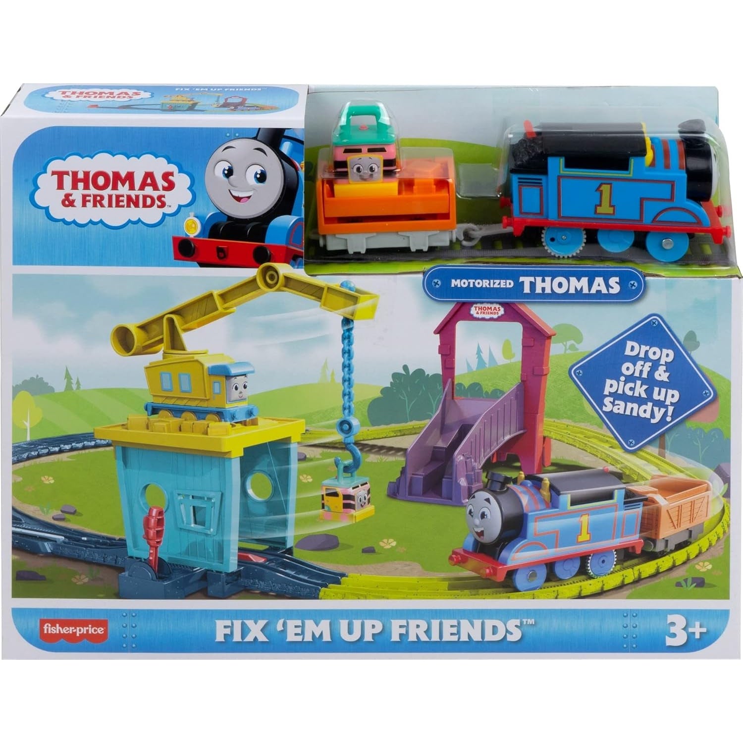 Fisher Price Thomas And Friends Train Set With Carly The Crane Sandy And Motorized Thomas, Fix ‘Em Up Friends