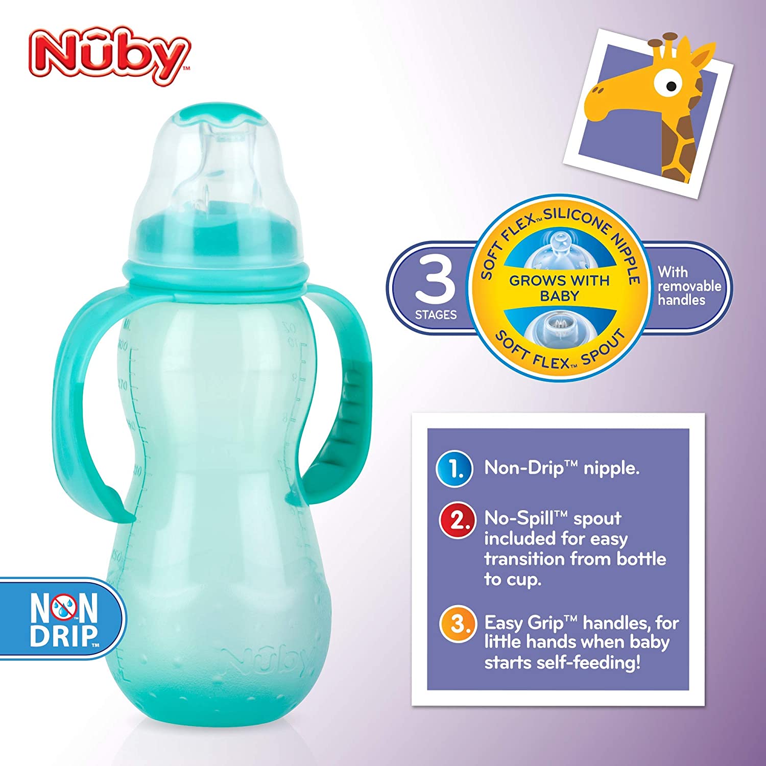 Nuby 3 Stage Wide Neck Grow With Me Nurser, 8 oz