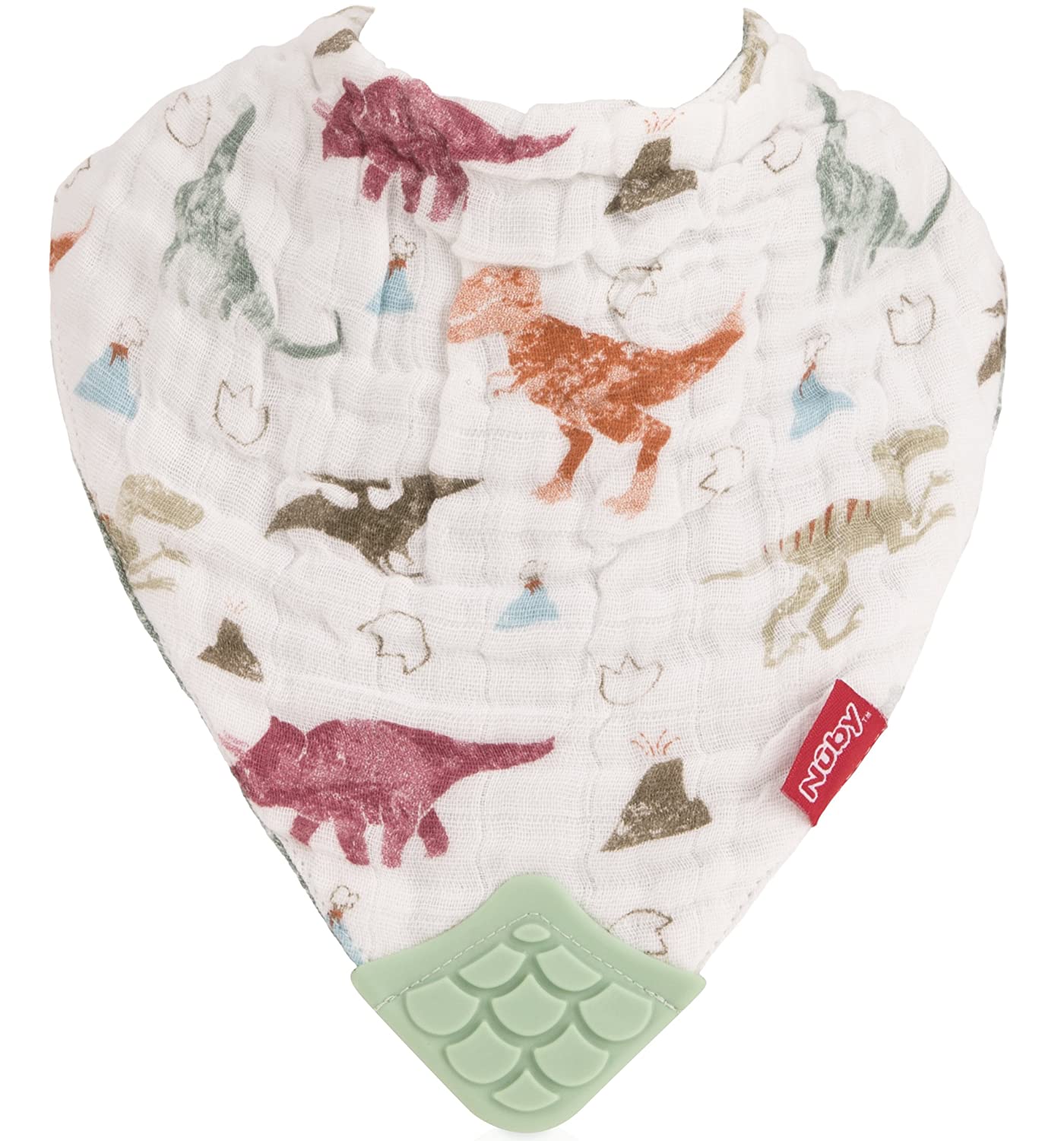 Nuby Reversible 100% Natural Cotton Muslin 3 Piece Teething Bib, Green/Grey/Blue, Dinosaur/Bear/Stri