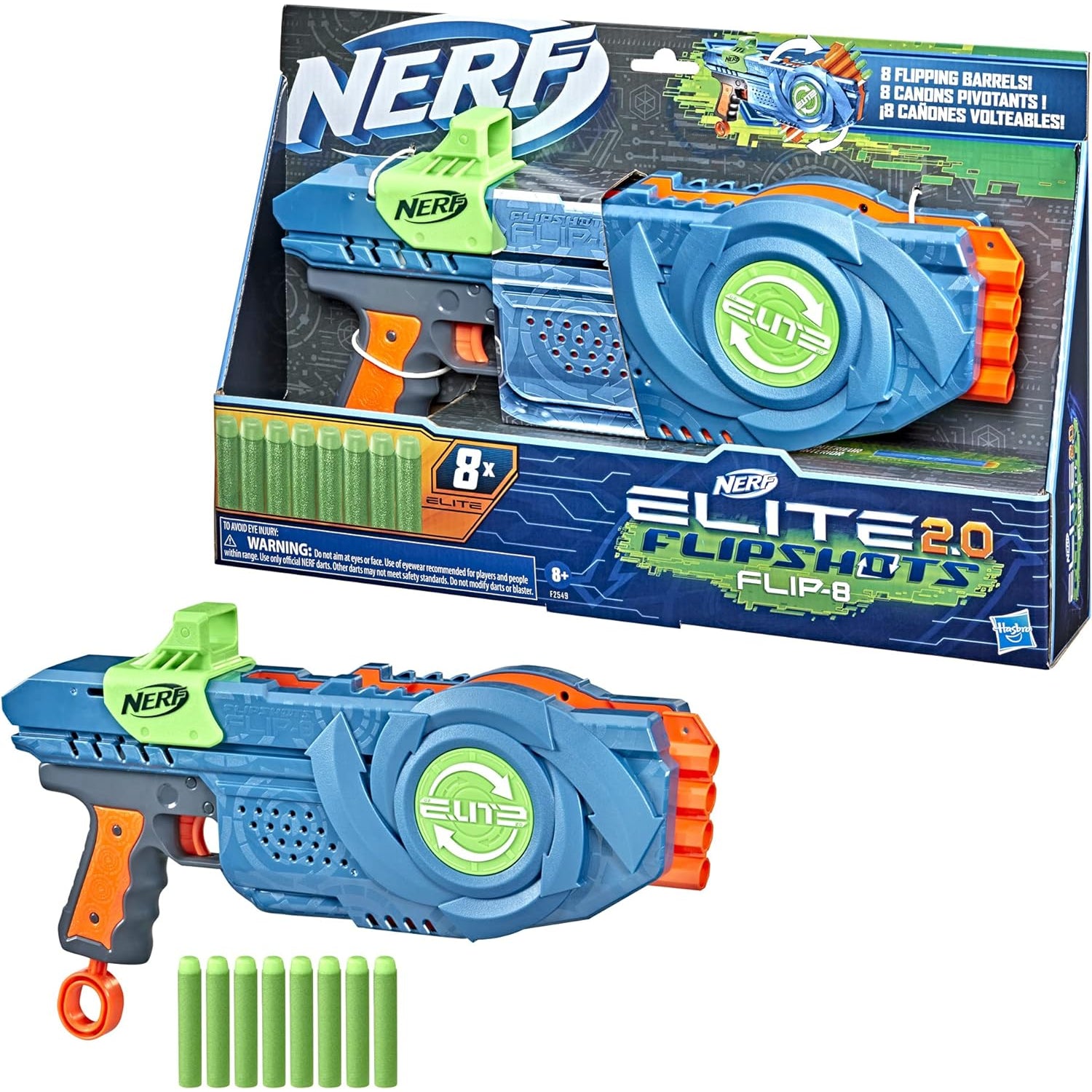 NERF Elite 2.0 Flipshots Flip-8 Blaster, Rotating Dart Barrels, 8-Dart Capacity