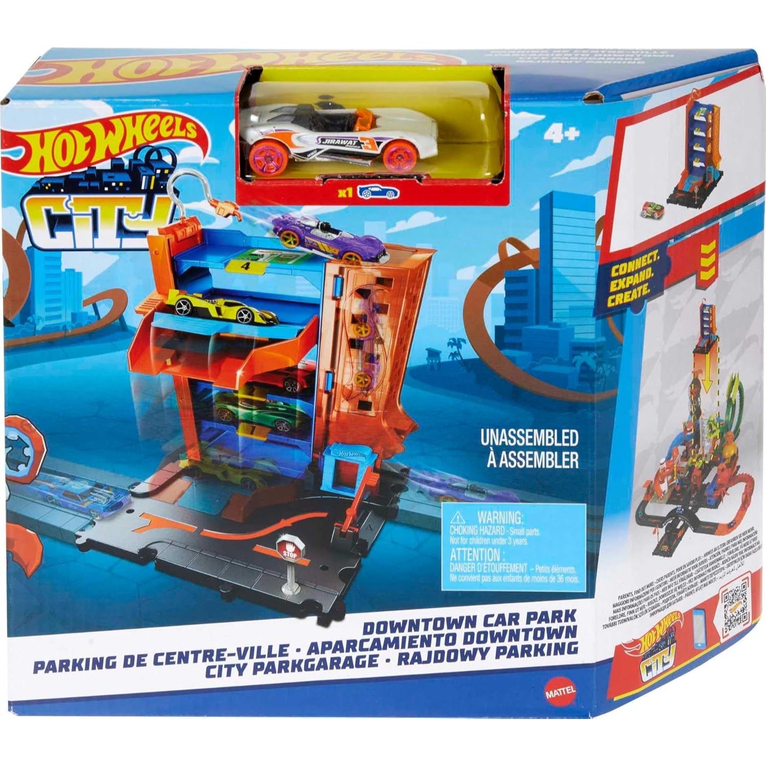 Mattel Hot Wheels City Toy Car Track Set, Downtown Car Park Playset with 1:64 Scale Vehicle, 4 Level, Working Lift & Exit Chute