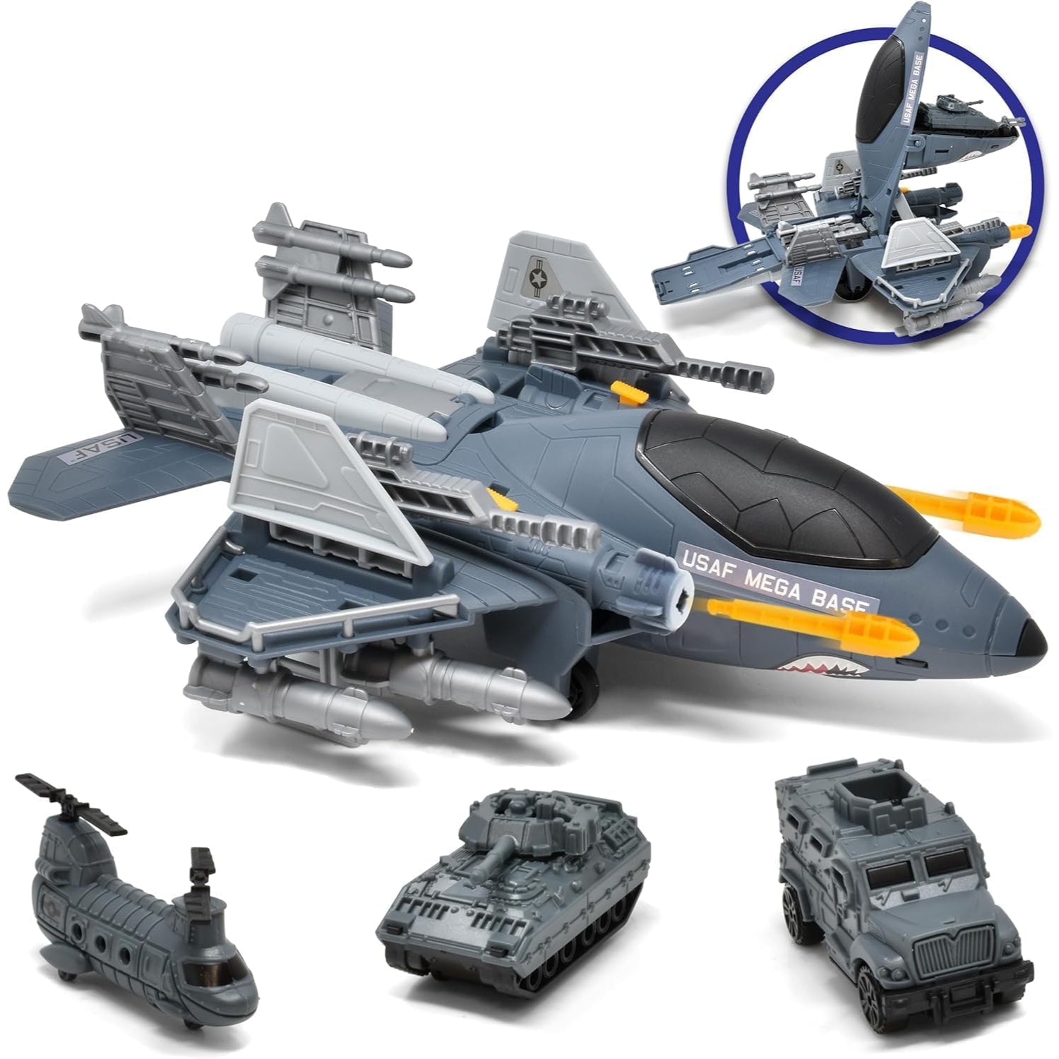 U.S. Air Force Military Aircraft Carrier Toy Fighter Airplane, Raptor Mega Base with Vehicles Army Toy