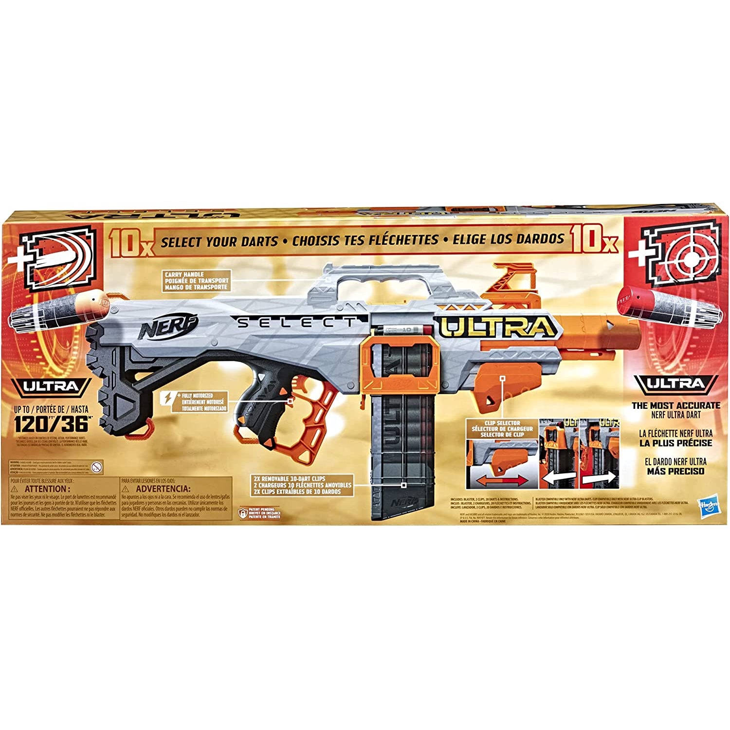 NERF Ultra Select Fully Motorized Blaster, Fire for Distance or Accuracy, Includes Clips and Darts