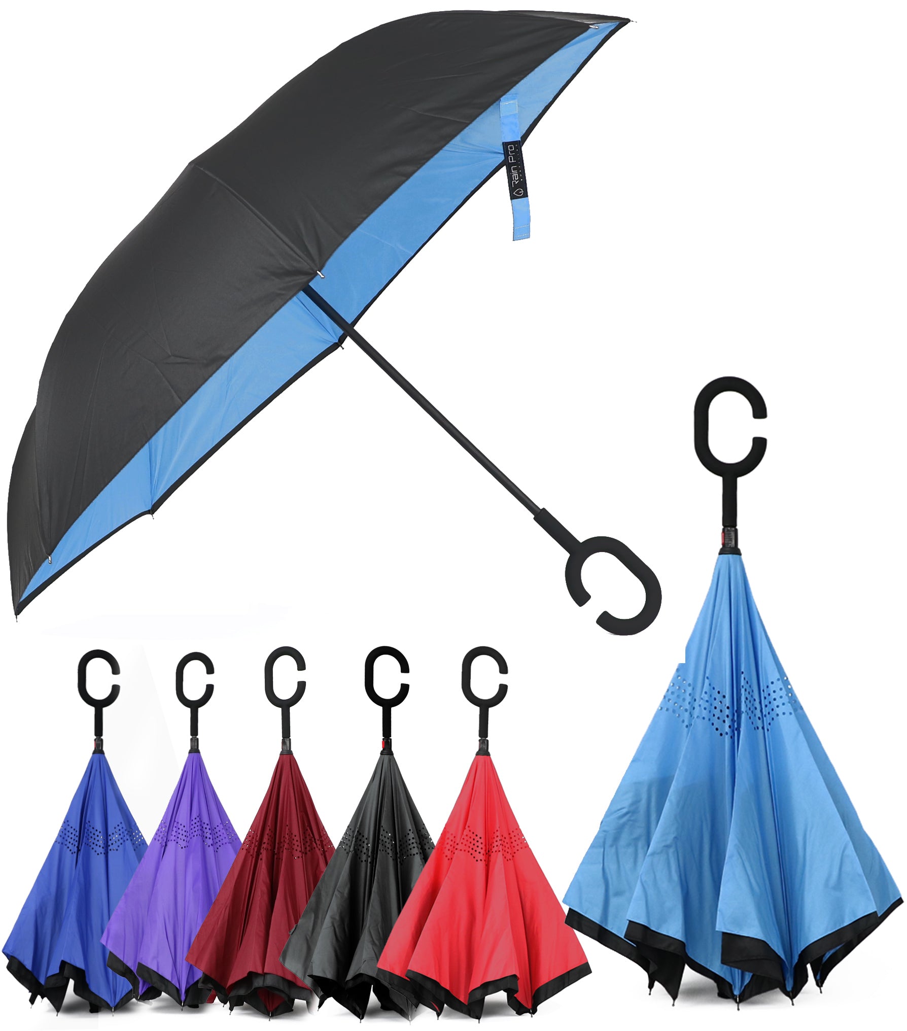 Rain Pro Reverse Folding Inverted Umbrella Windproof UV Protection with C-Shaped Handle