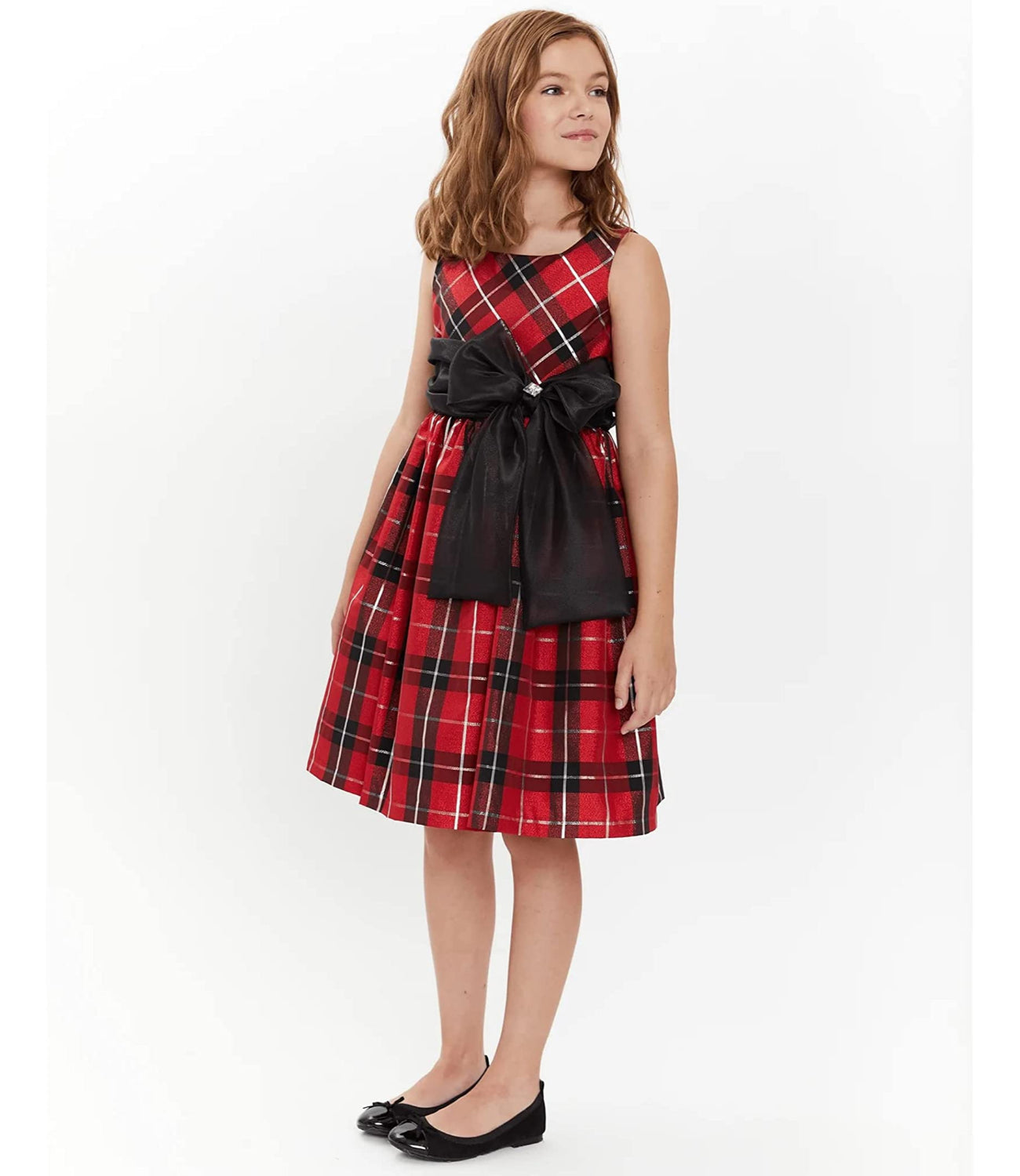 Bonnie Jean Girls 2-6X Red Black Taffeta Plaid Chiffon Bow Holiday Dress