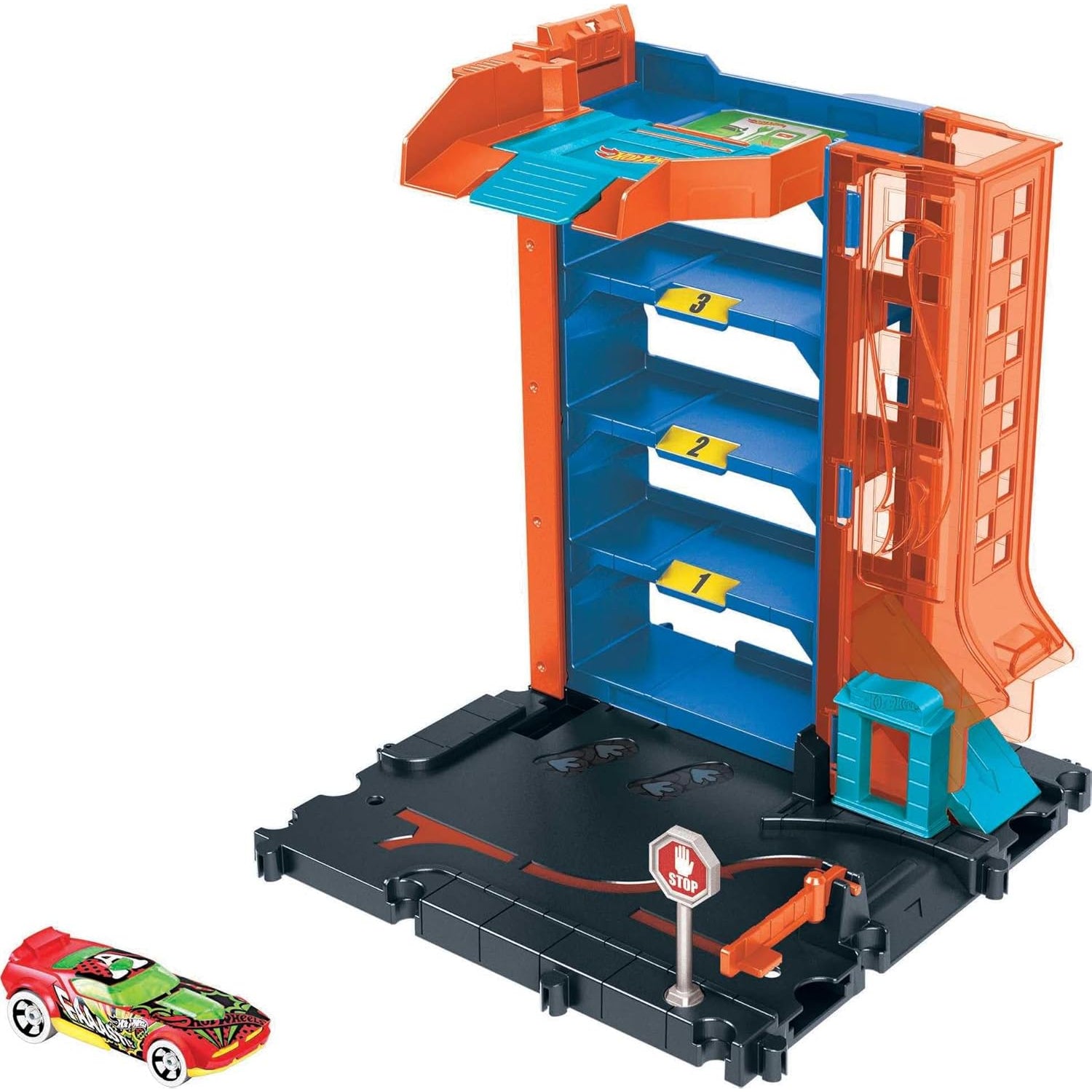 Mattel Hot Wheels City Toy Car Track Set, Downtown Car Park Playset with 1:64 Scale Vehicle, 4 Level, Working Lift & Exit Chute