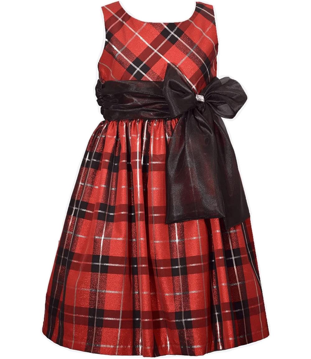 Bonnie Jean Girls 2-6X Red Black Taffeta Plaid Chiffon Bow Holiday Dress