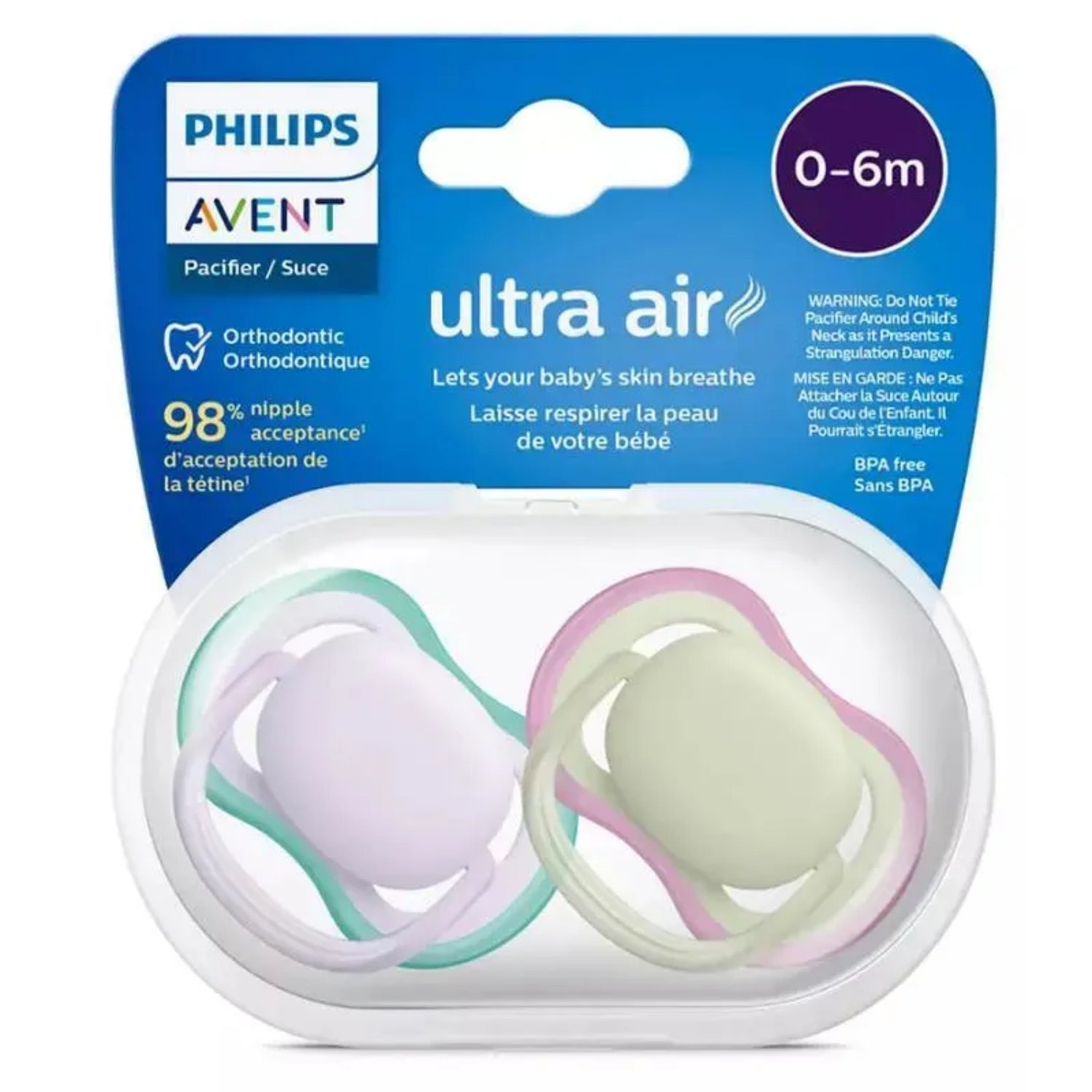 Philips Avent Ultra Air Pacifier, 0-6M, Fresh Lilac & Pastel Green - 2 Pack