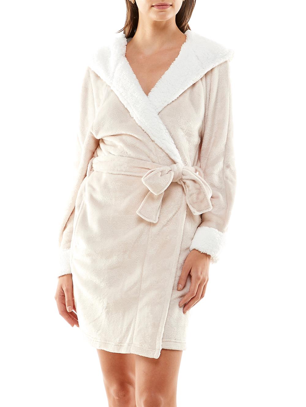 Jaclyn Intimates Womens Long Sleeve Knee Length Sherpa Lined Hooded Belted Robe