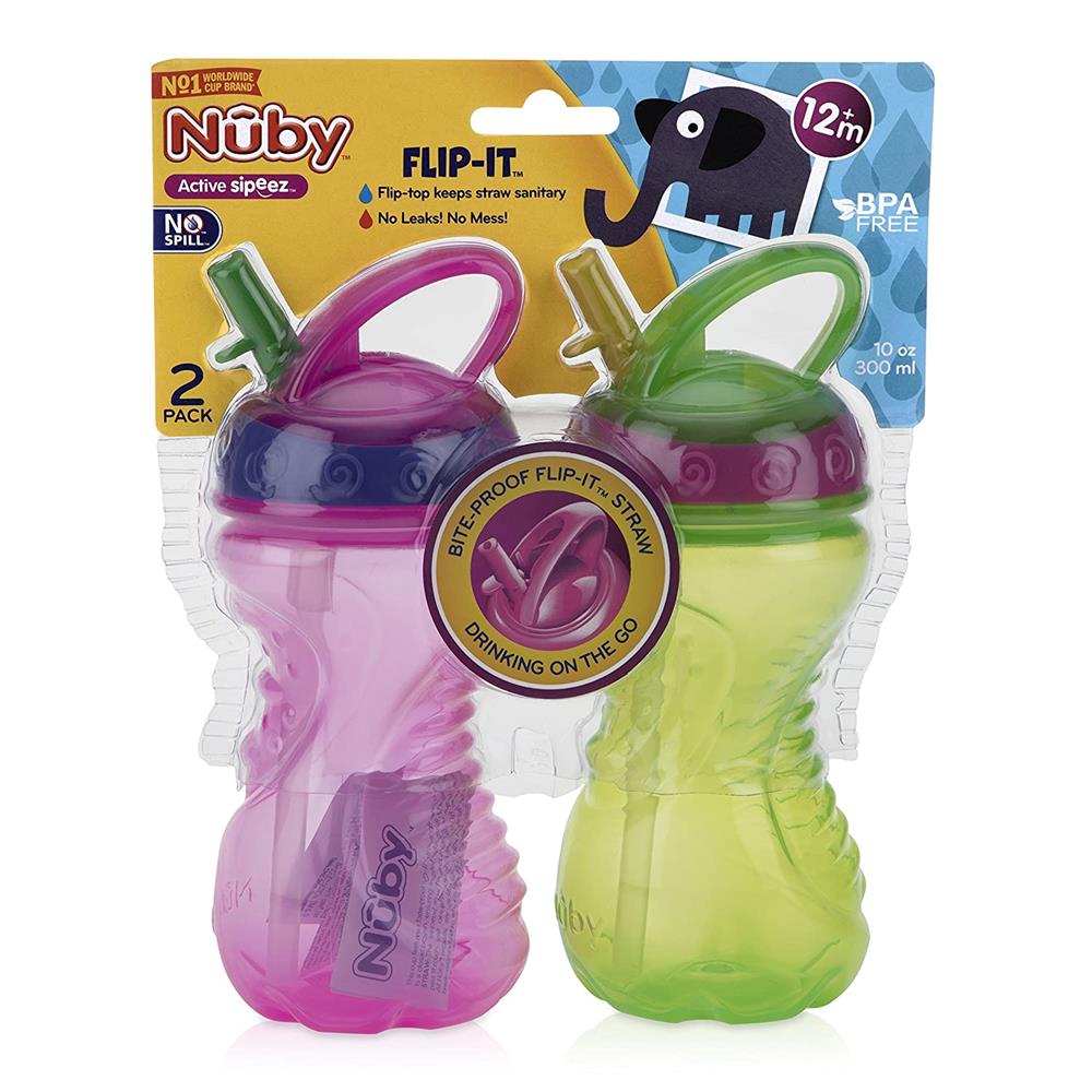 Nuby Flip-It Easy Grip Cups with Easy-Flo Straw - 2 Pack, 10oz