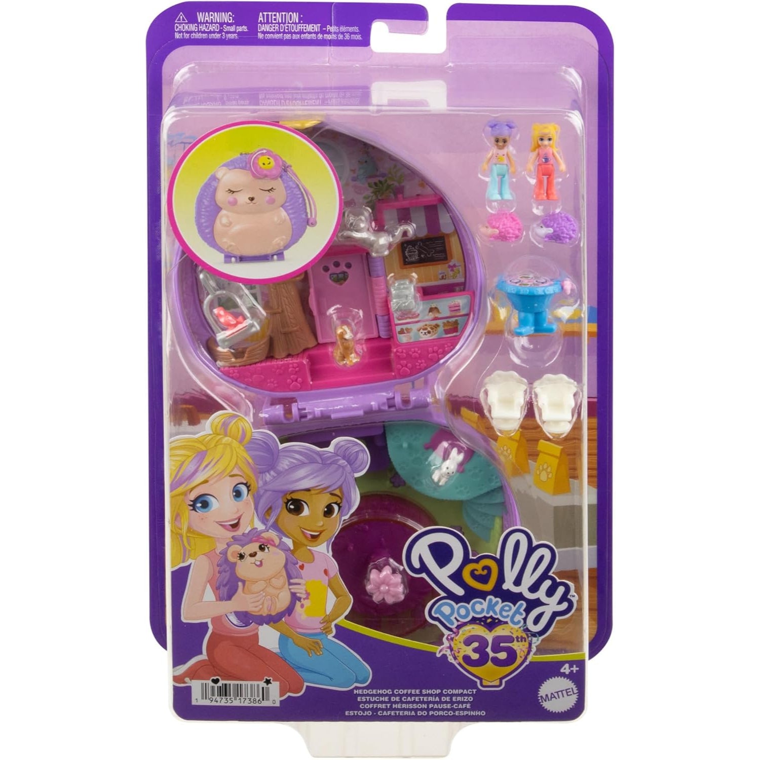 Mattel Polly Pocket Dolls and Playset, Hedgehog Coffee Shop Compact with 2 Micro Dolls & 10 Accessories