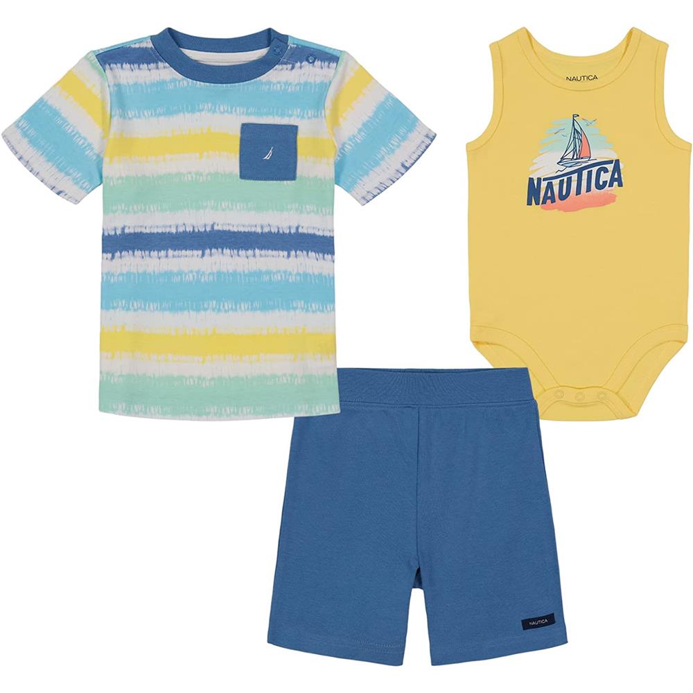 Nautica Boys 0-9 Months Sail 3-Piece Bodysuit Shirt and Shorts Set