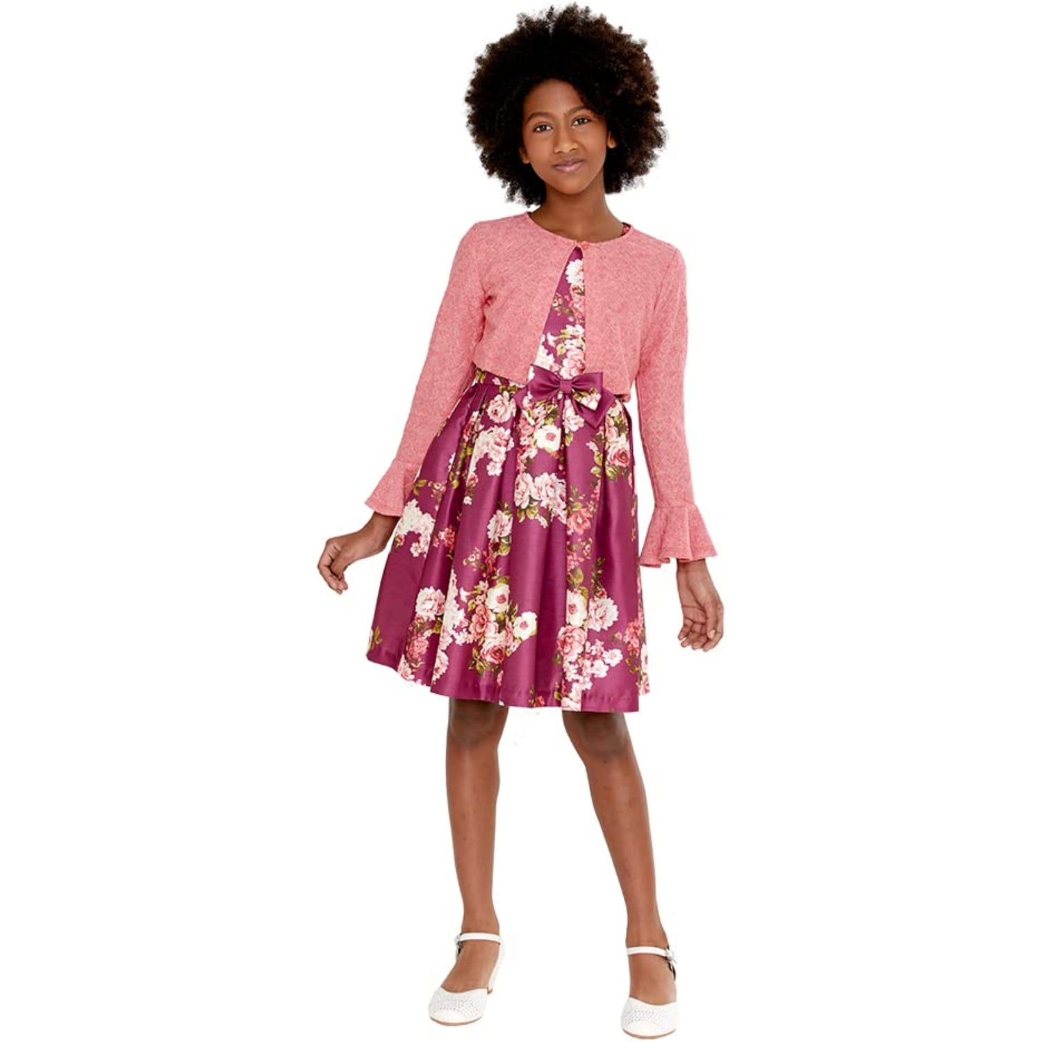 Bonnie Jean Girls 2T-6X Floral Shantung Dress with Bell Sleeve Cardigan