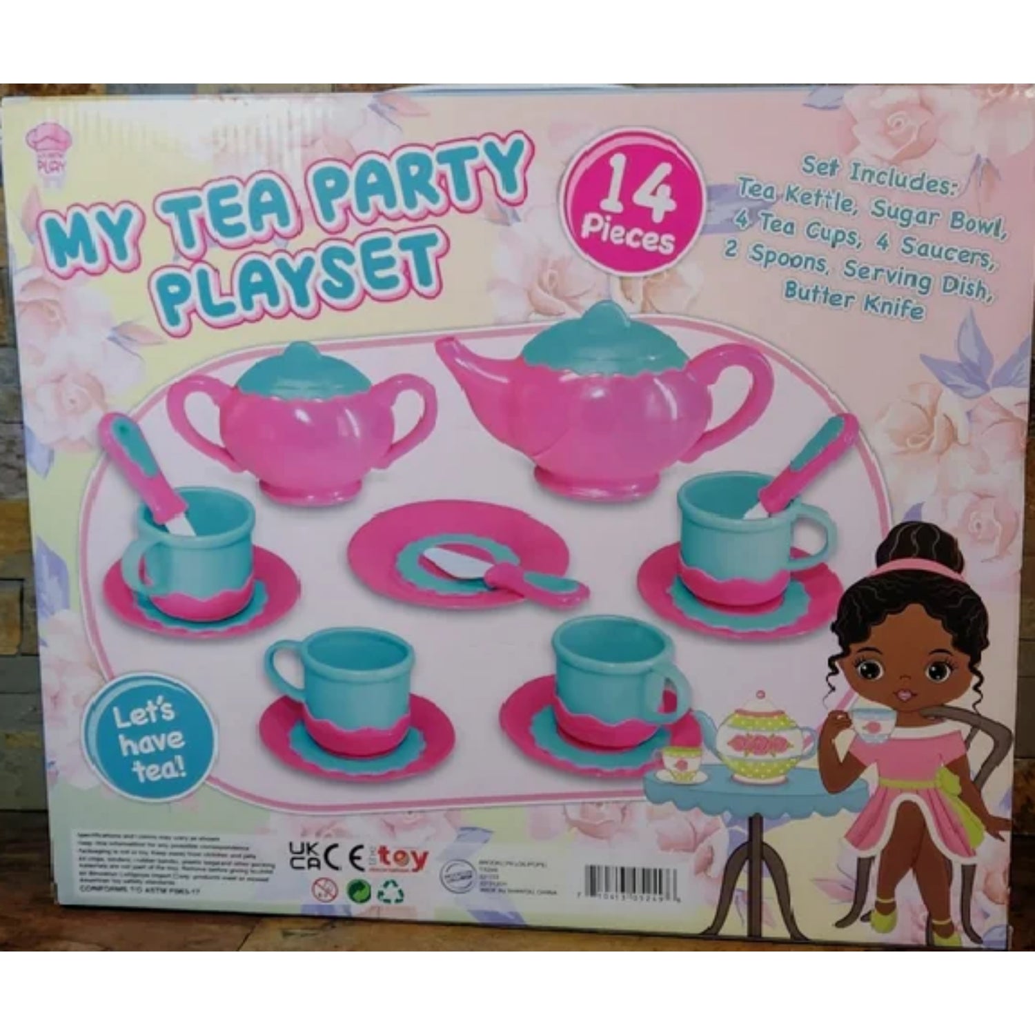 Gourmet Play 14pc Pretend Play Tea Party Play Set, Plastic Tea Set, Mini Kitchen for Kids, Gifts for Toddler Girls