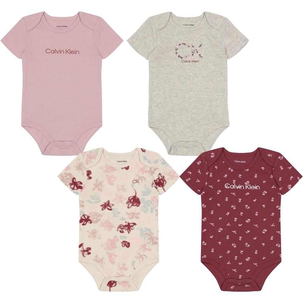 Calvin Klein Girls 0-9 Months Short Sleeve Bodysuit, 4-Pack