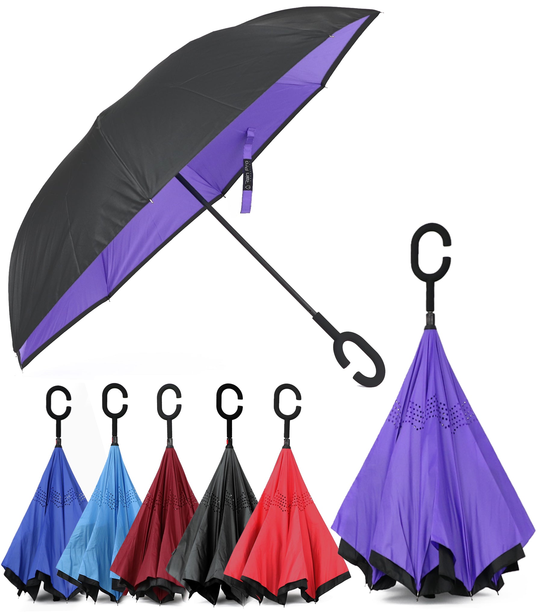 Rain Pro Reverse Folding Inverted Umbrella Windproof UV Protection with C-Shaped Handle