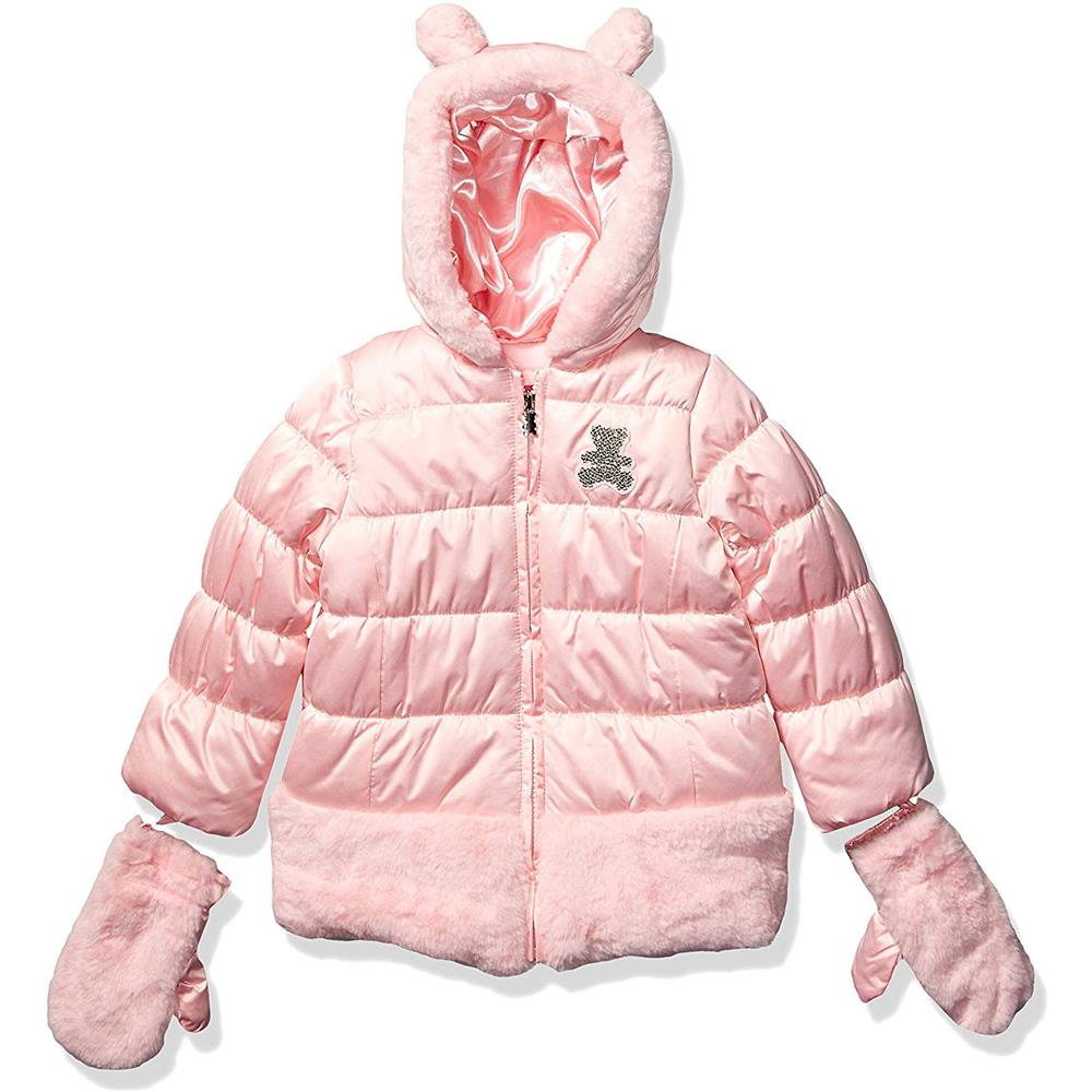 London Fog Girls Fur Bear Satin Jacket Mittens