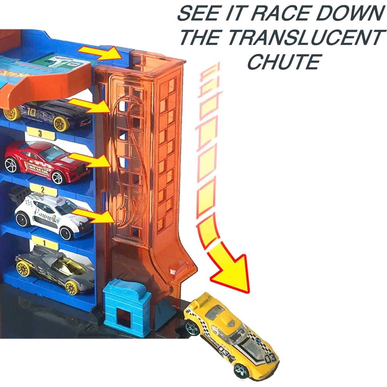 Mattel Hot Wheels City Toy Car Track Set, Downtown Car Park Playset with 1:64 Scale Vehicle, 4 Level, Working Lift & Exit Chute