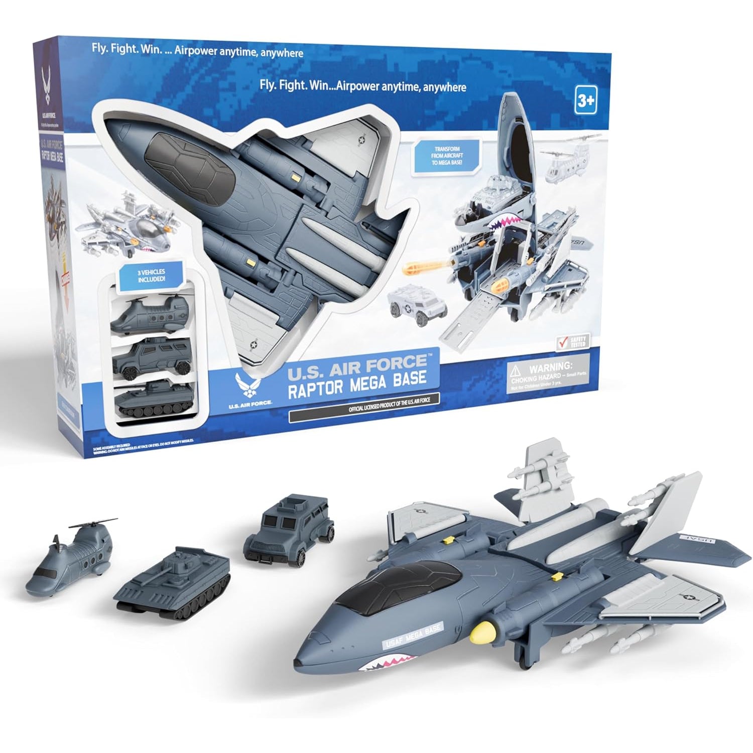 U.S. Air Force Military Aircraft Carrier Toy Fighter Airplane, Raptor Mega Base with Vehicles Army Toy