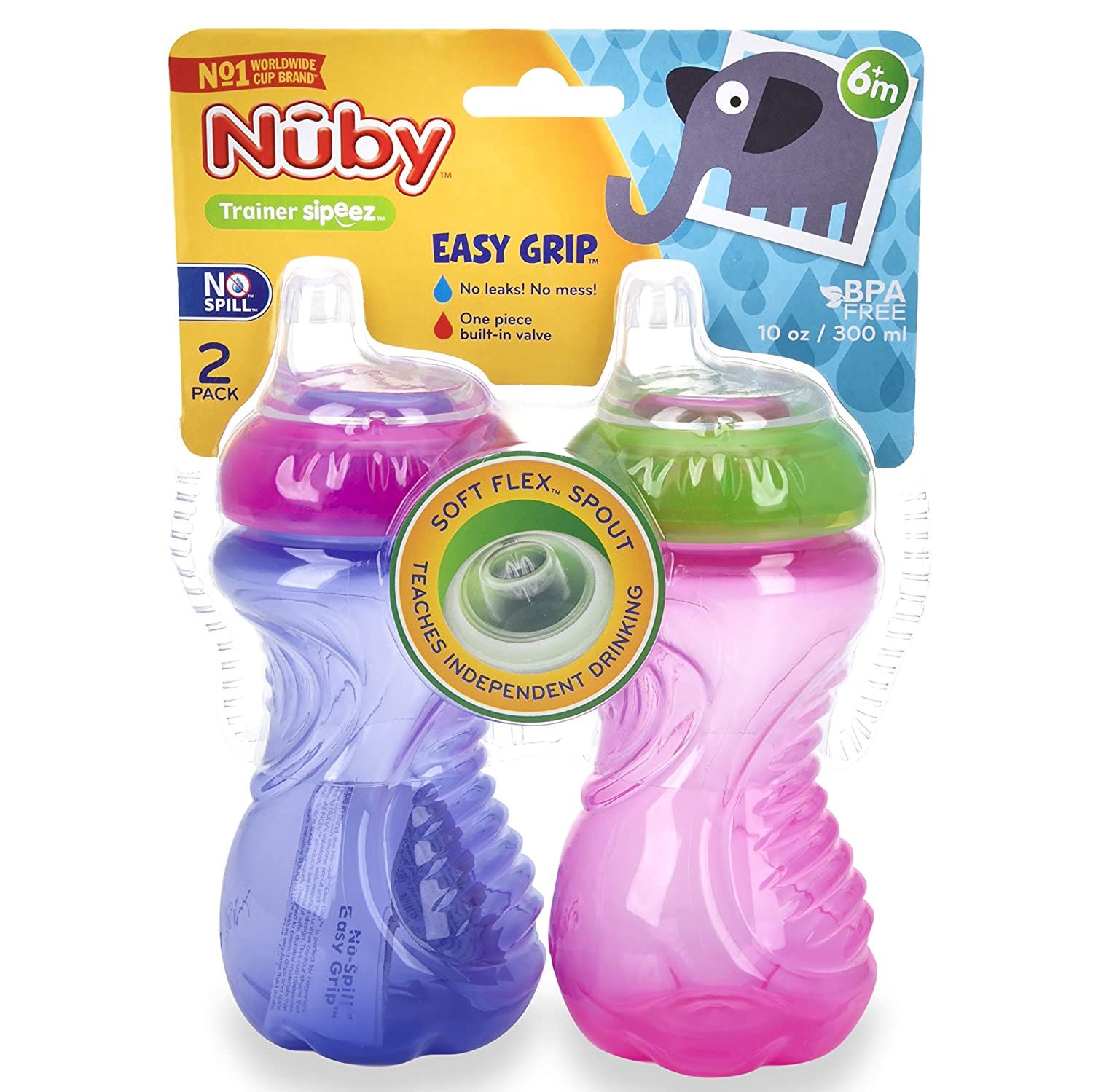 Nuby No Spill Easy Grip Trainer Cup 10 oz, Pink/Purple, 2 Pack