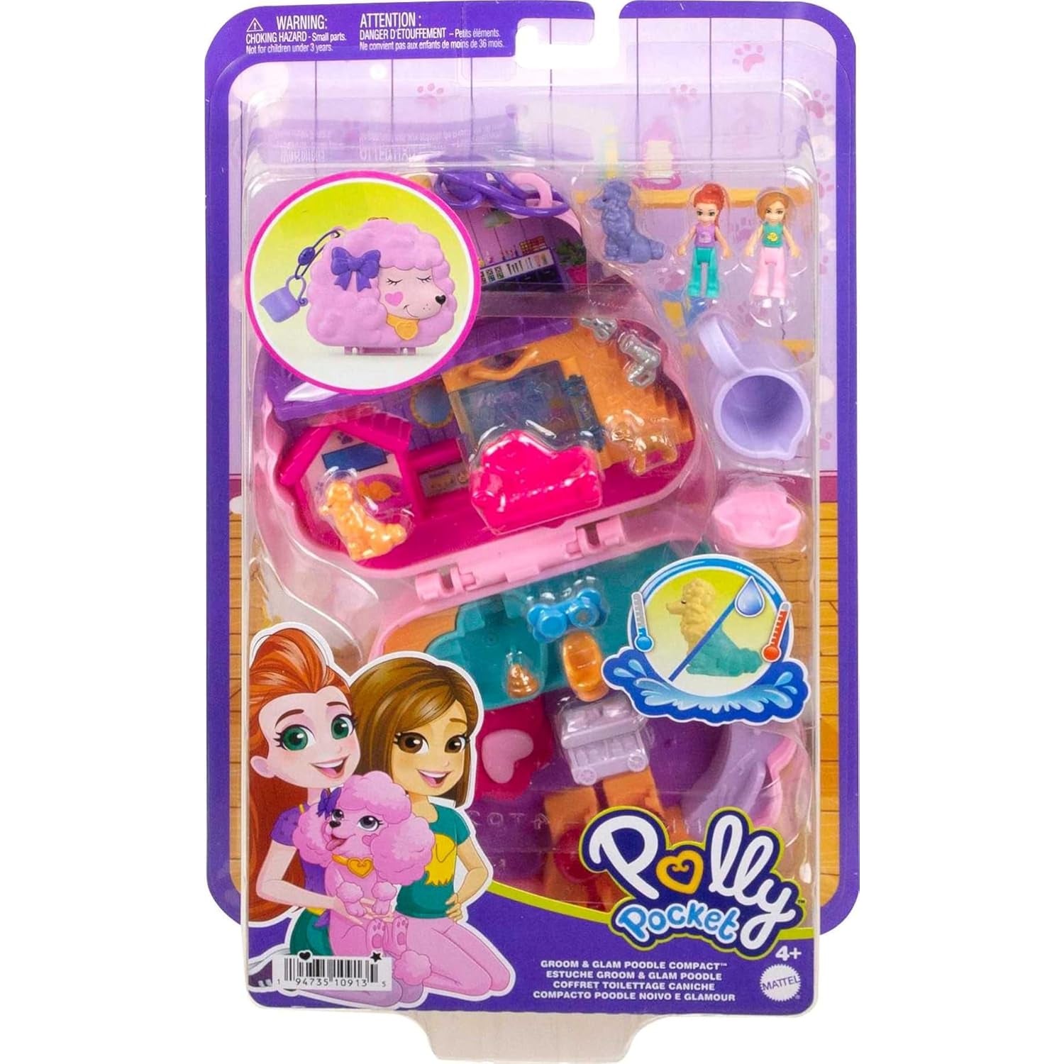 Mattel Roll over image to zoom in Polly Pocket Groom & Glam Poodle Compact Playset with 2 Micro Doll