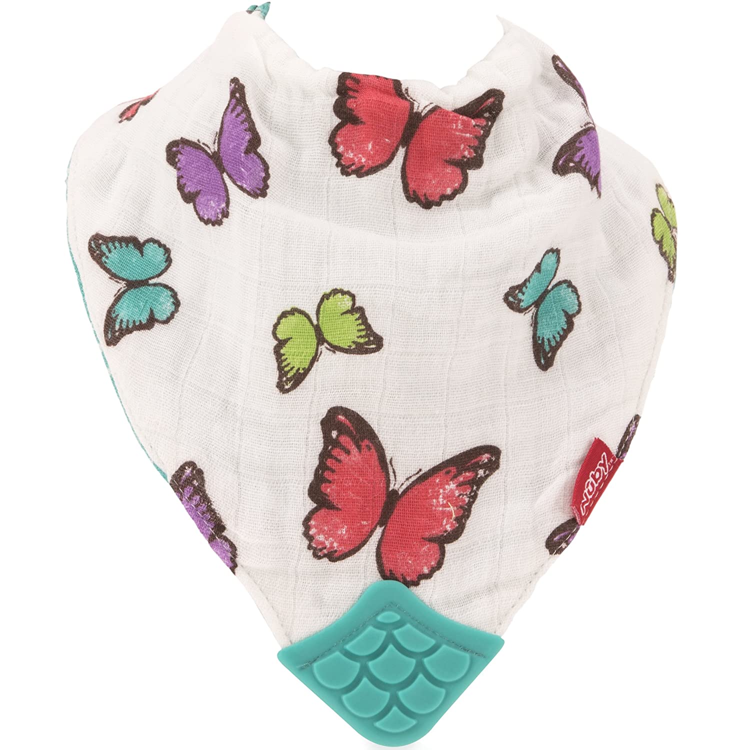 Nuby Reversible 100% Natural Cotton Muslin 3 Piece Teething Bib, Pink/Aqua/Purple, Flower/Butterfly/