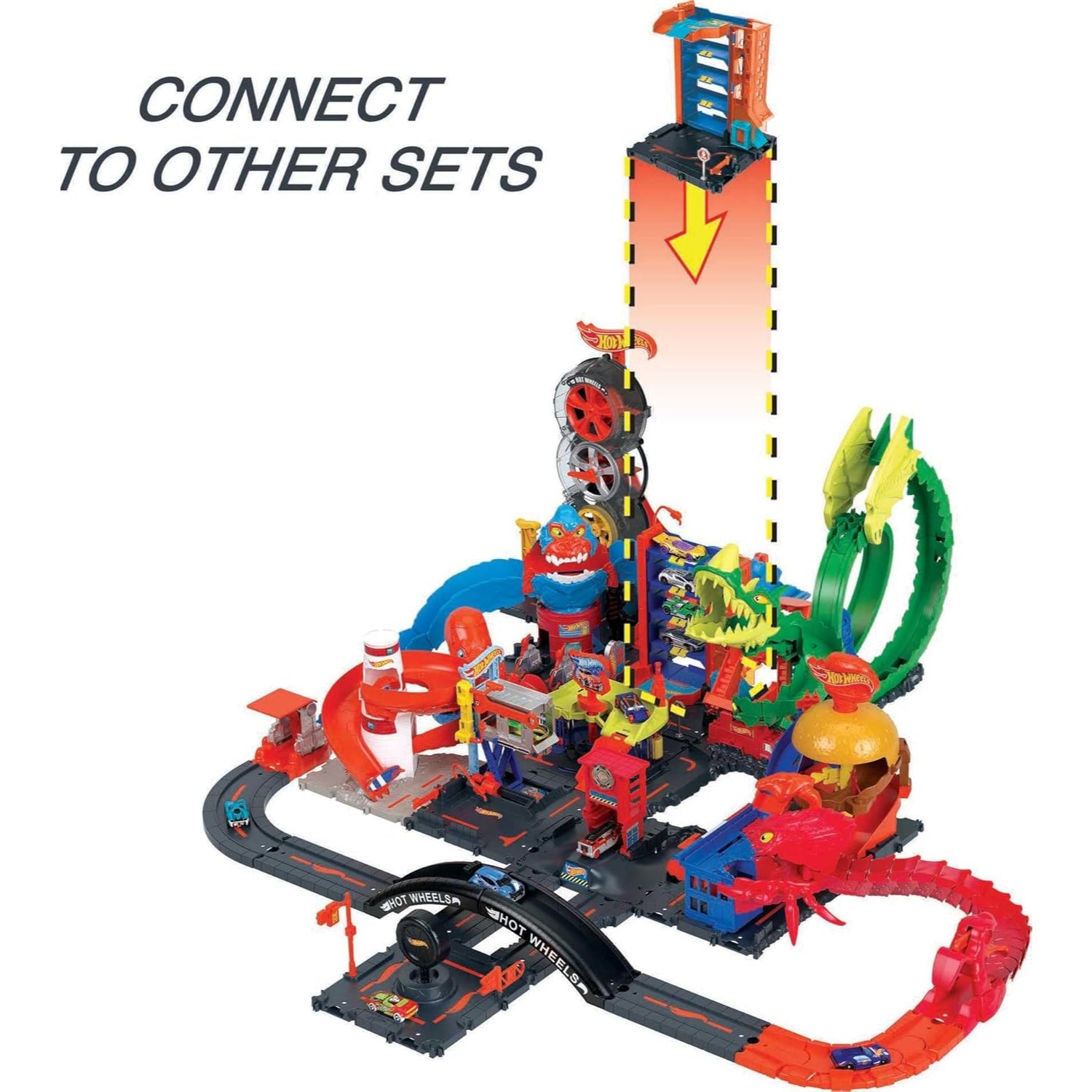 Mattel Hot Wheels City Toy Car Track Set, Downtown Car Park Playset with 1:64 Scale Vehicle, 4 Level, Working Lift & Exit Chute