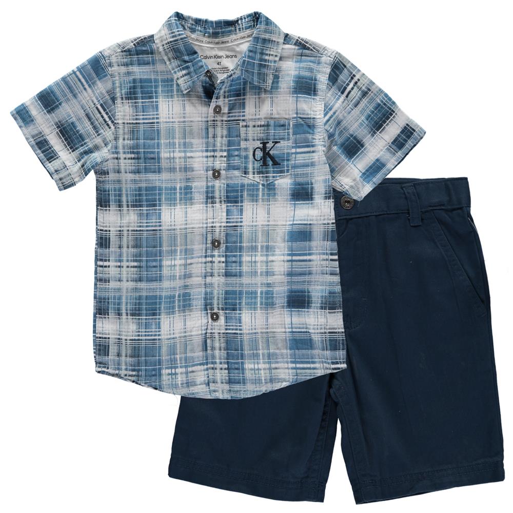 Calvin Klein Boys 2T-4T Plaid Woven Short Set