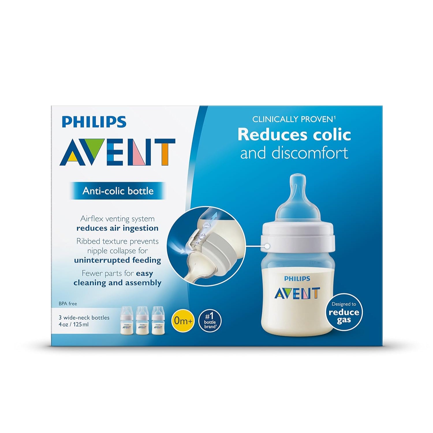 Philips Avent Anti-Colic Bottle with Air-Free Vent, Blue, 4oz - 3 Pack