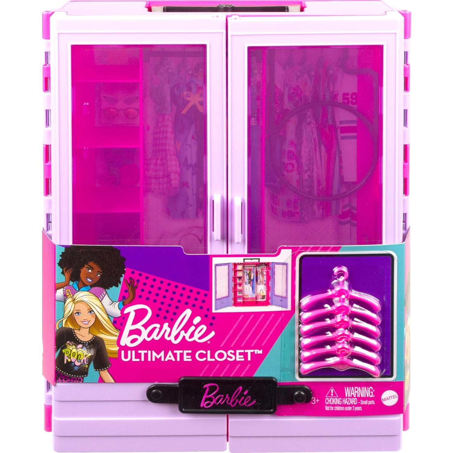 Mattel Barbie Fashionistas Ultimate Closet & 6 Hangars, Purple with Fold-Out Rack & Carrying Handle, Portable Storage for Barbie Doll Clothes & Accessories