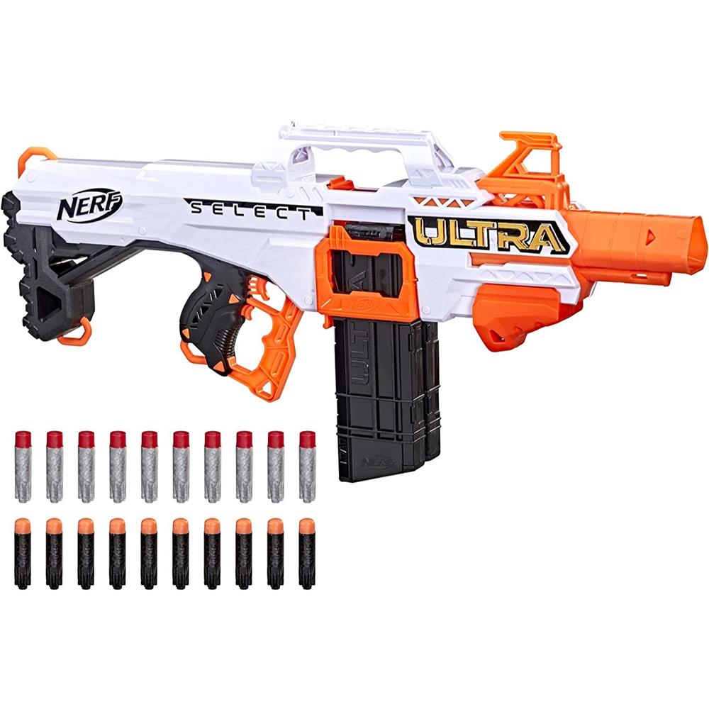 NERF Ultra Select Fully Motorized Blaster, Fire for Distance or Accuracy, Includes Clips and Darts